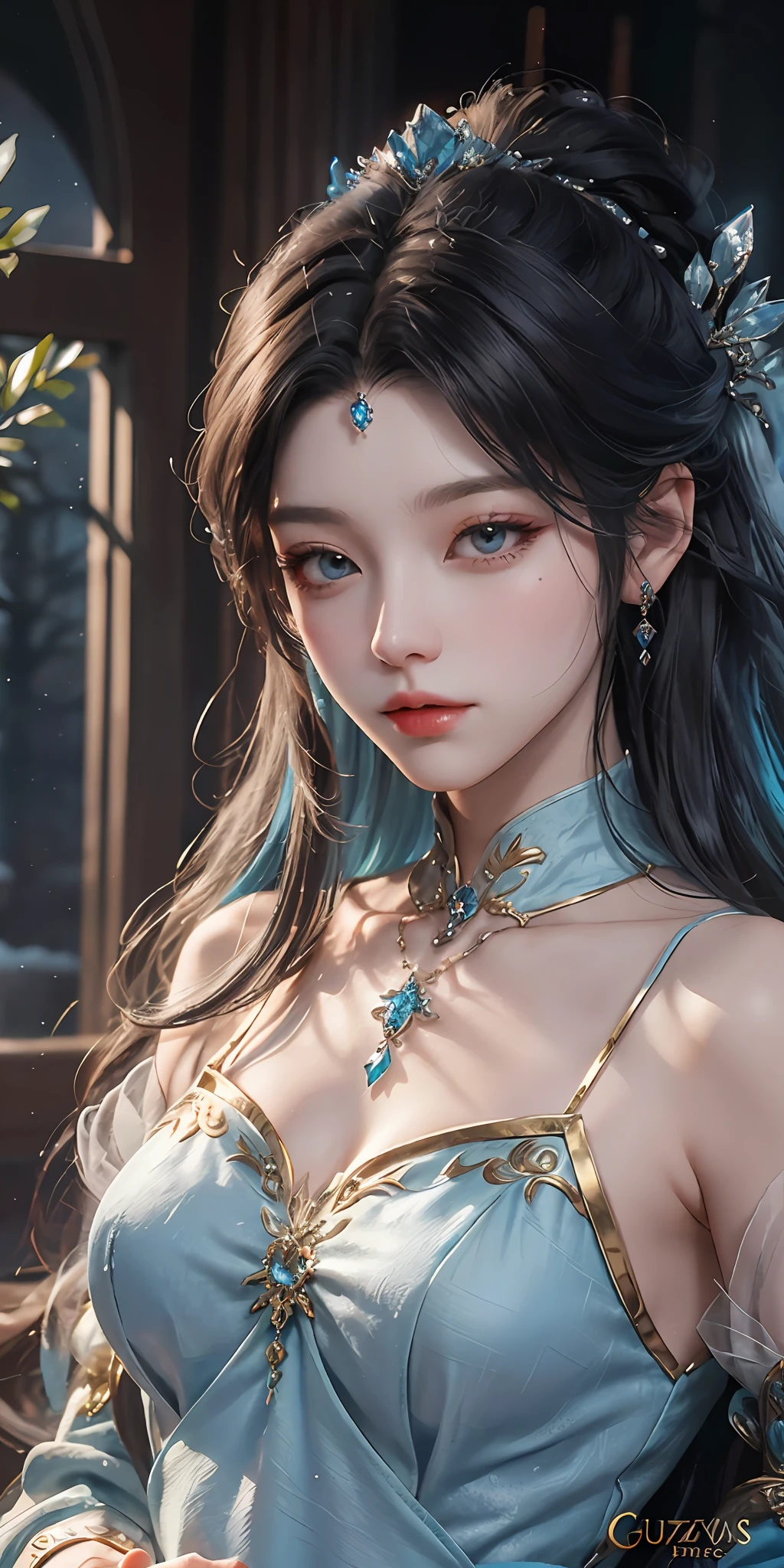 There was a woman in a blue dress,Wearing a necklace, ((a beautiful fantasy empress)), inspired by Sim Sa-jeong, Azure. detailed hairs, winter princess, Ice Princess, Guviz-style artwork, 8K)), fantasy aesthetic!, Guviz, Ice Queen, High quality detailed art in 8K