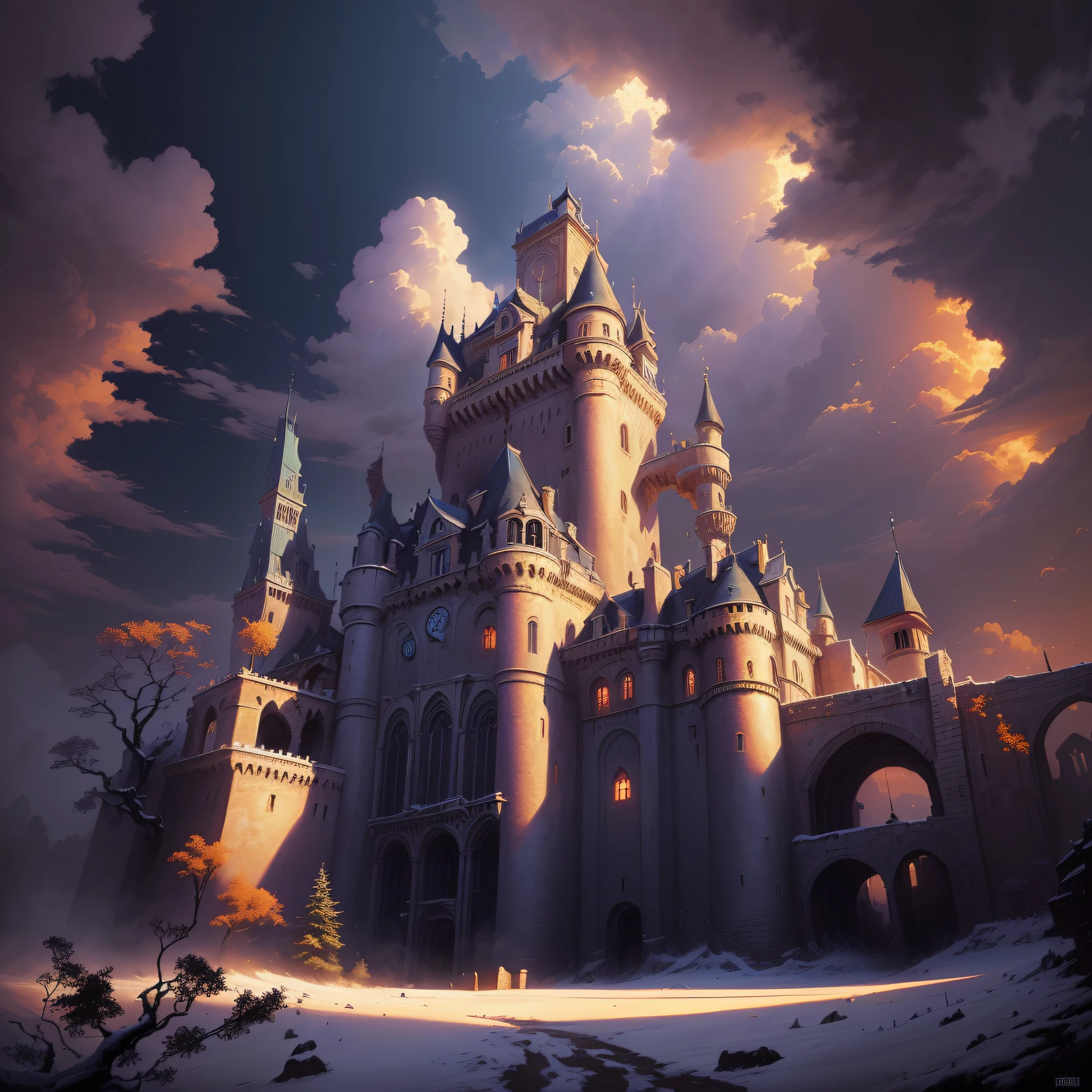 There is a castle with a clock tower on a hill, inspirado em Andreas Rocha, arte de fantasia urbana estilizada, Bussiere Rutkowski Andreas Rocha, Estilo Andreas Rocha, Directed by: Jesper Ejsing, Stefan Koidl inspirado, Castelo Misty, arte do jogo de fantasia medieval, Directed by: Tomasz Jedruszek, inspirado em Raphael Lacoste, illustration matte painting