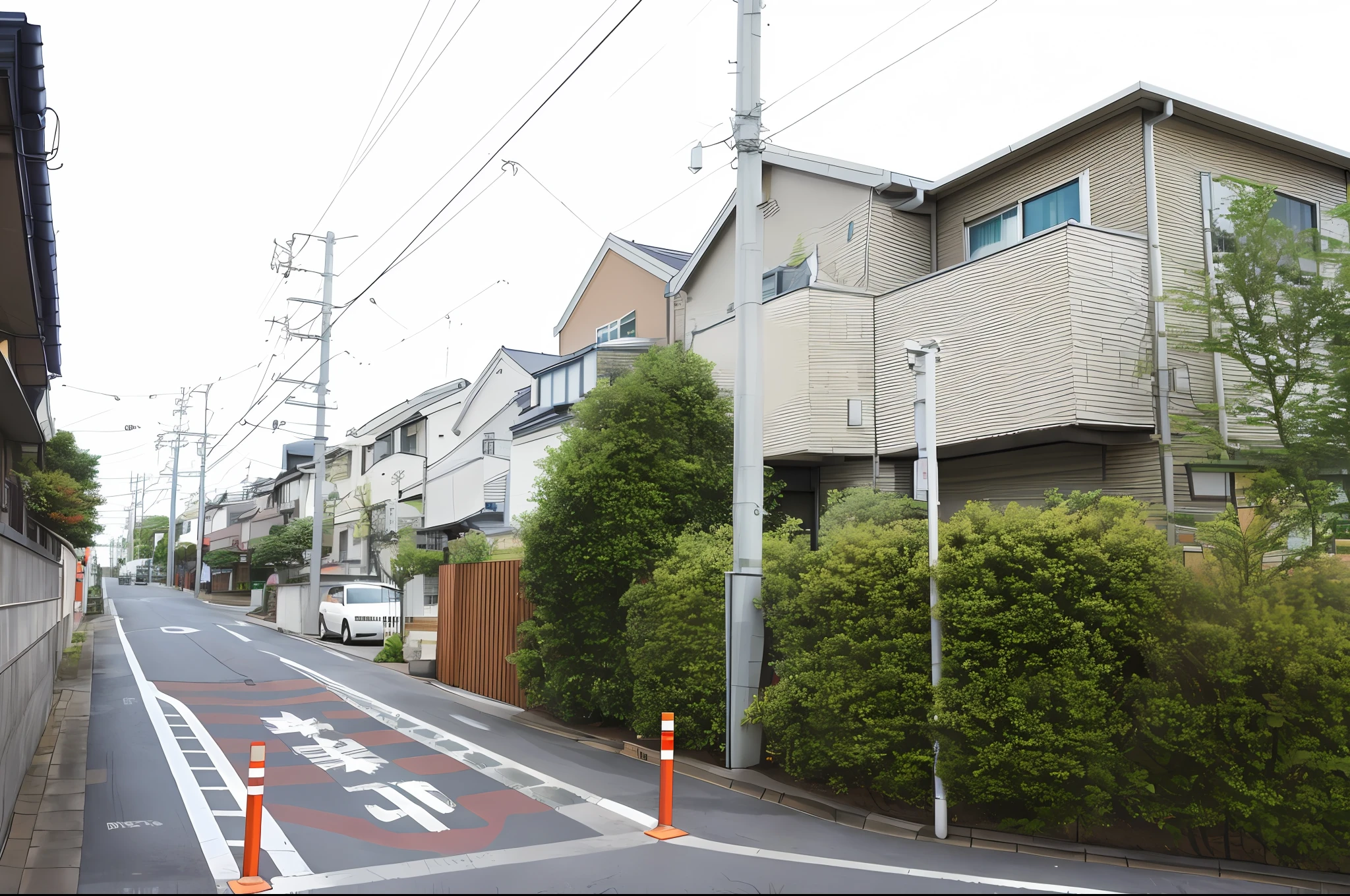there is a street with a building and a street sign on it, residential area, japanese neighborhood, taken with sigma 2 0 mm f 1. 4, japanese street, 2 4 mm iso 8 0 0, japanese house, street level view, street view, taken with canon 8 0 d, tokyo - esque town, view from the street, in tokio, best quality,masterpiece,Flat color, Plants are faithful, Faithful to the photograph, Do not shift the position, Position accurately, The white lines on the road are accurate, Accurately represent the pattern on the wall, Detailedly depict the depth, 
Subtly represent bright colors, Brighten the dark areas, Make the power lines thin, Keep the lines as straight as possible, Astounding fidelity, Precisely depict the window frames, (Desaturated tones: 1.25), (HDR: 1.25), (ArtStation: 1.2), (Intricate details: 1.14), (Ultra-realistic 3D rendering: 1.16), (Film: 0.55)