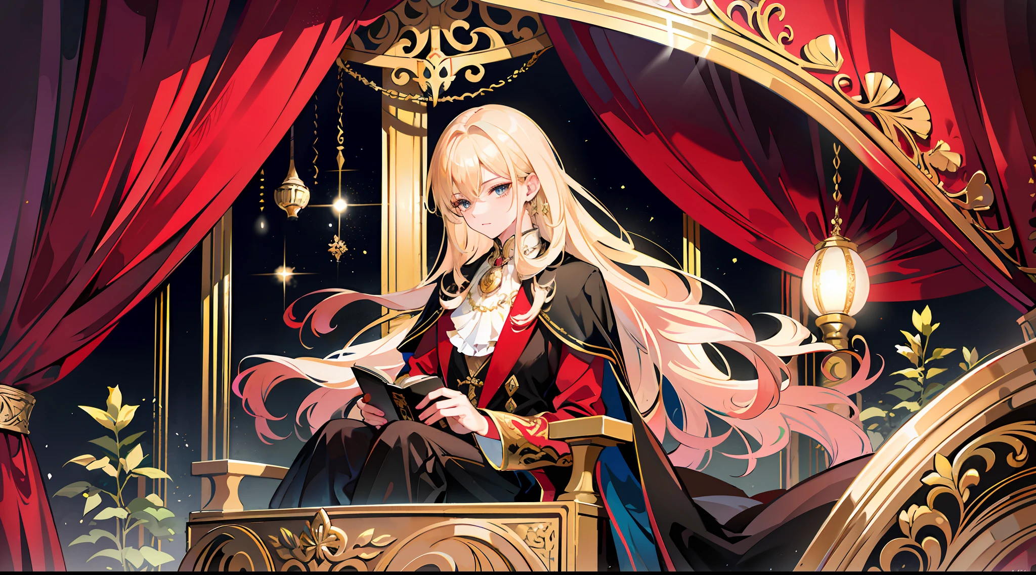 a young and handsome prince finds tranquility as he slumbers in an exquisite horse-drawn carriage, the carriage crafted with intricate golden filigree and luxurious velvet, the boy's golden tresses contrasting beautifully with his regal red and black garments, brought to life in a splendid manga-style illustration