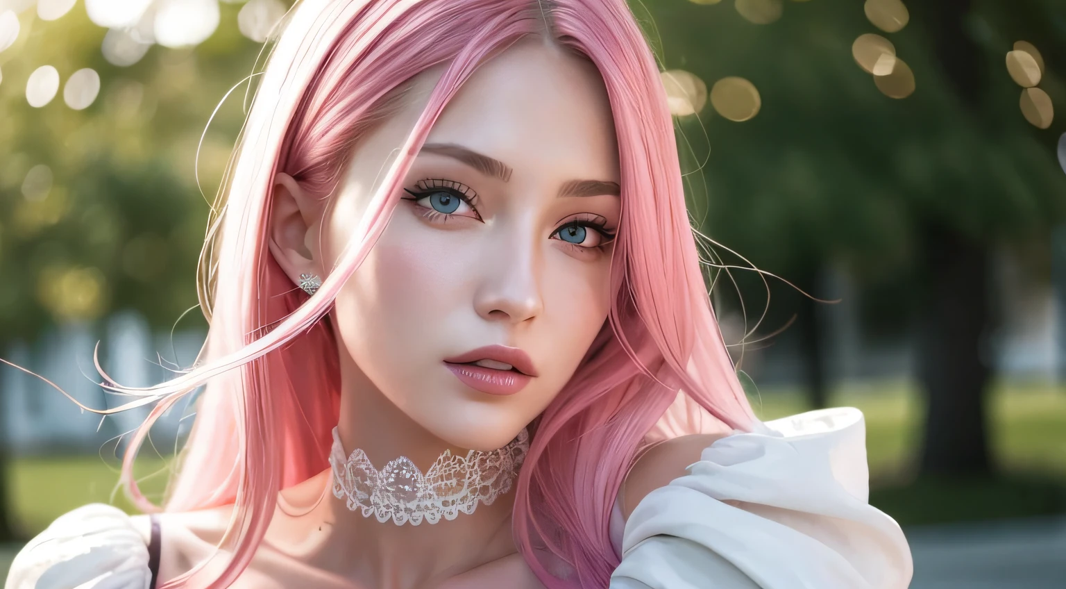 best quality, ultra high res, (photorealistic:1.4), (detailed beautiful girl:1.4), (medium breasts:0.8), looking_at_viewer, Detailed facial details, beautiful detailed eyes,pink hair, blue eyes, slender, haunting smile, (makeup:0.3), red lips, highly detailed clothes, (ulzzang-6500-v1.1:0.3)