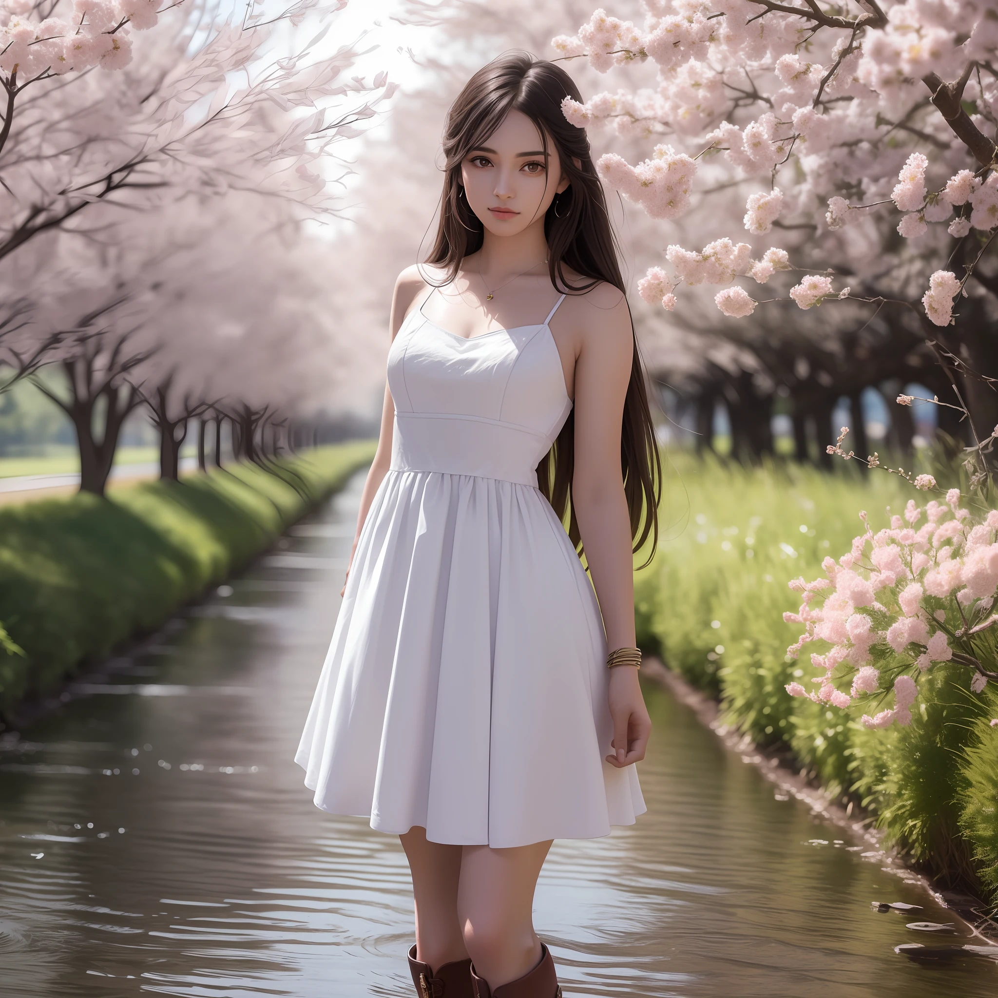 a 20-year-old girl surrounded by cherry trees, flor de cerezo, caliente con sol brillante,
cuerpo completo, 
luz del sol,
cinematiclight,

desde abajo,

(((long hair))),
hair (smooth flat),
horsetail hair,

Gargantilla,
pechos gigantescos:1.2,
disparo de cuerpo completo,

(8k, foto RAW: 1.2), (HDR: 1.2), (enfoque superficial:  1.4), (foco nítido: 1.4),
sin sujetador,
vestido, plateado,
(dedo del pie de camello, Cameltoe, en forma de,
(mascara),
pies sumergidos en el rio,
(botas largas, tacones altos),
(obra maestra, mejor calidad), sthe highest qualit, cinematiclight, 4k