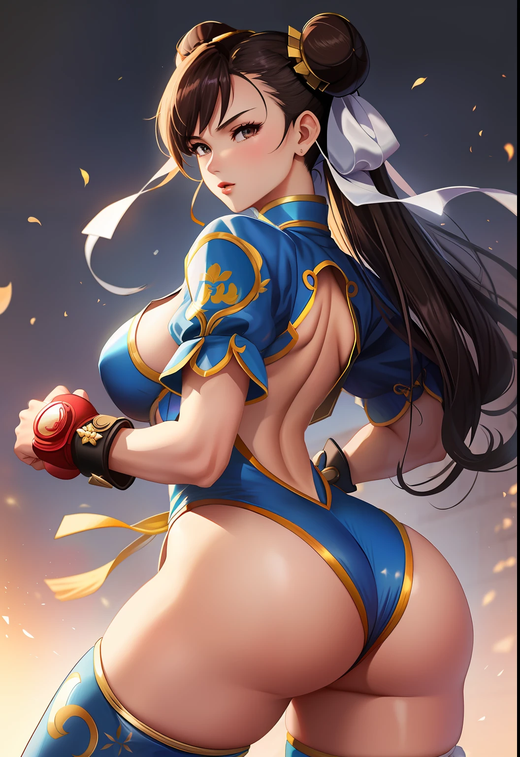 Chun-Li de Street Fighter,, jaqueta de couro, quadris largos, bunda cheia, rabo de cavalo, brassier, dojo,