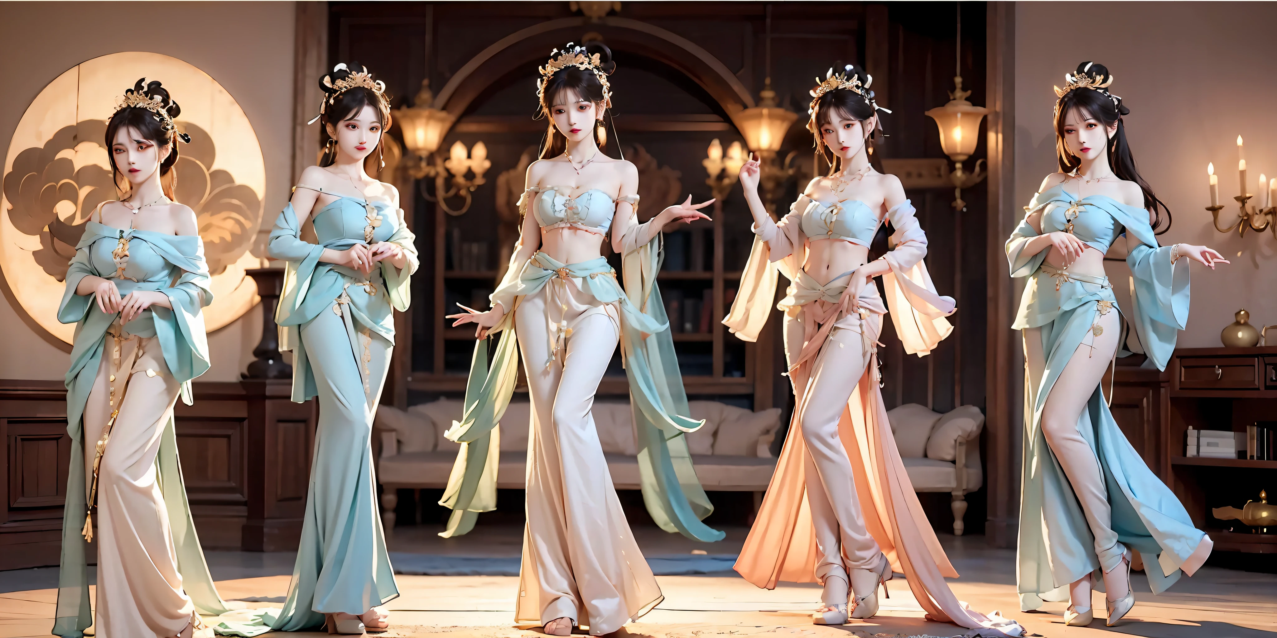 Full body photo，5 beautiful women，Different dressing styles，Fine fine skin，Soft light effects，Delicate and smooth hair，exquisite detailing，Eye highlights，Fair skin，Fine portrayal，Ultimate detail，Cinematic quality，being thin，slenderness，Fragmentation，hair detail，Thin bangs，Shawl hair，Correct bodies，shadowing，Air bangs，8K，Super meticulous，Fine fabric texture，softness，complaisant，Smooth texture，Dunhuang style，Delicate pattern，Correct hand drawing，