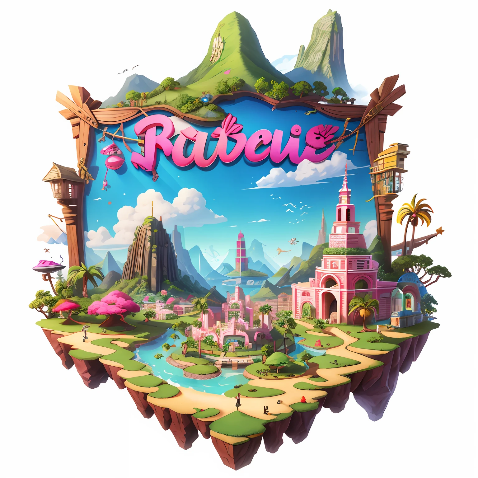 mapa da Barbie para jogo fortnite, Mapa Rosa, mapa cor-de-rosa, flor, oceano, ilha, Rio de Janeiro, game architectural design, Cidade, Rio de Janeiro, flor, estilo de jogo casual, ..3d, obra-prima, super detalhe, melhor qualidade, ilha da Barbie, brilho, Barbie