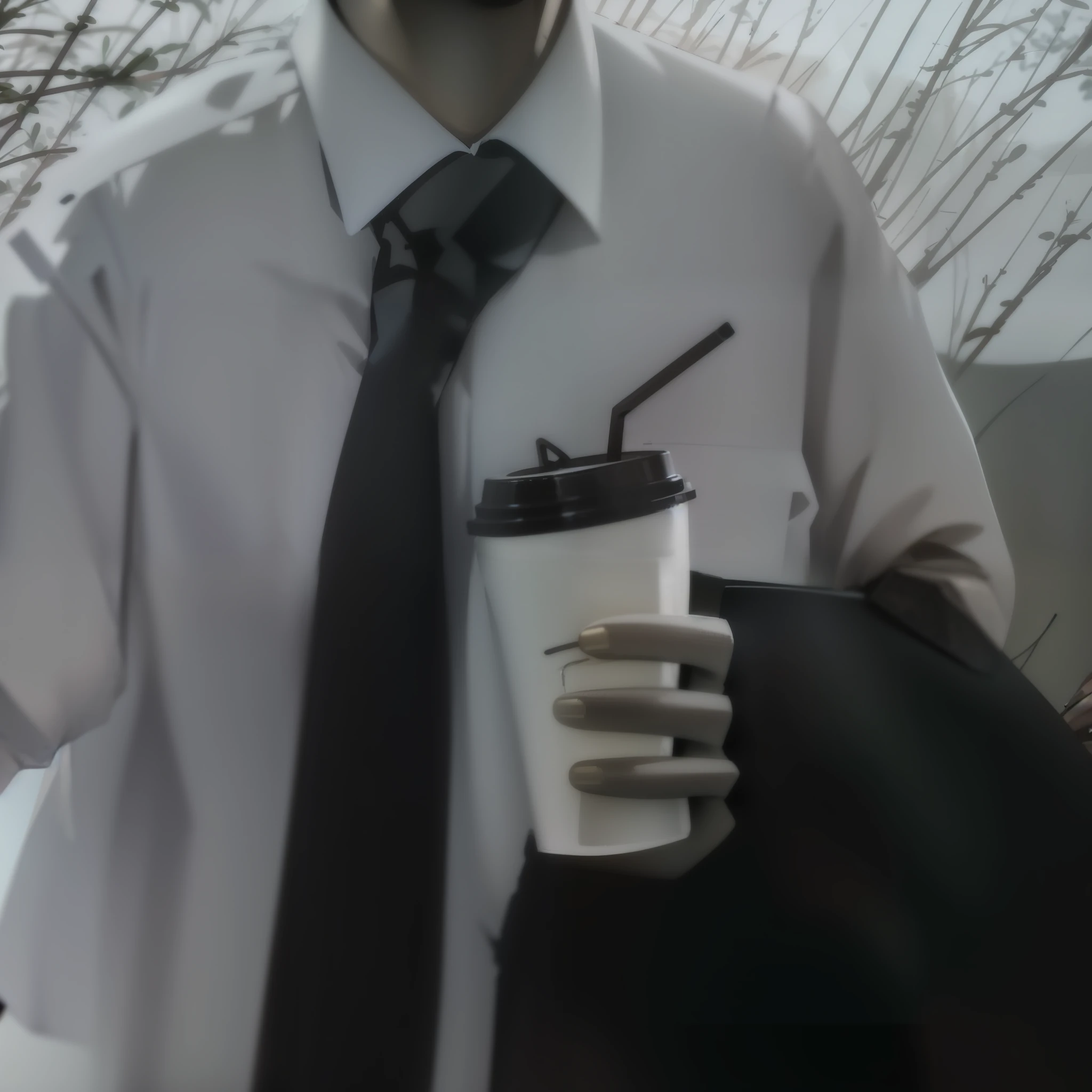 There was a man in a tie holding a cup of coffee, extended clip, with a straw, still from a music video, wearing a shirt with a tie, High-quality footage, 35mm —W 1920 —H 1080, mr robert is drinking fresh tea, holding a drink, Holding a coffee cup, High-quality video