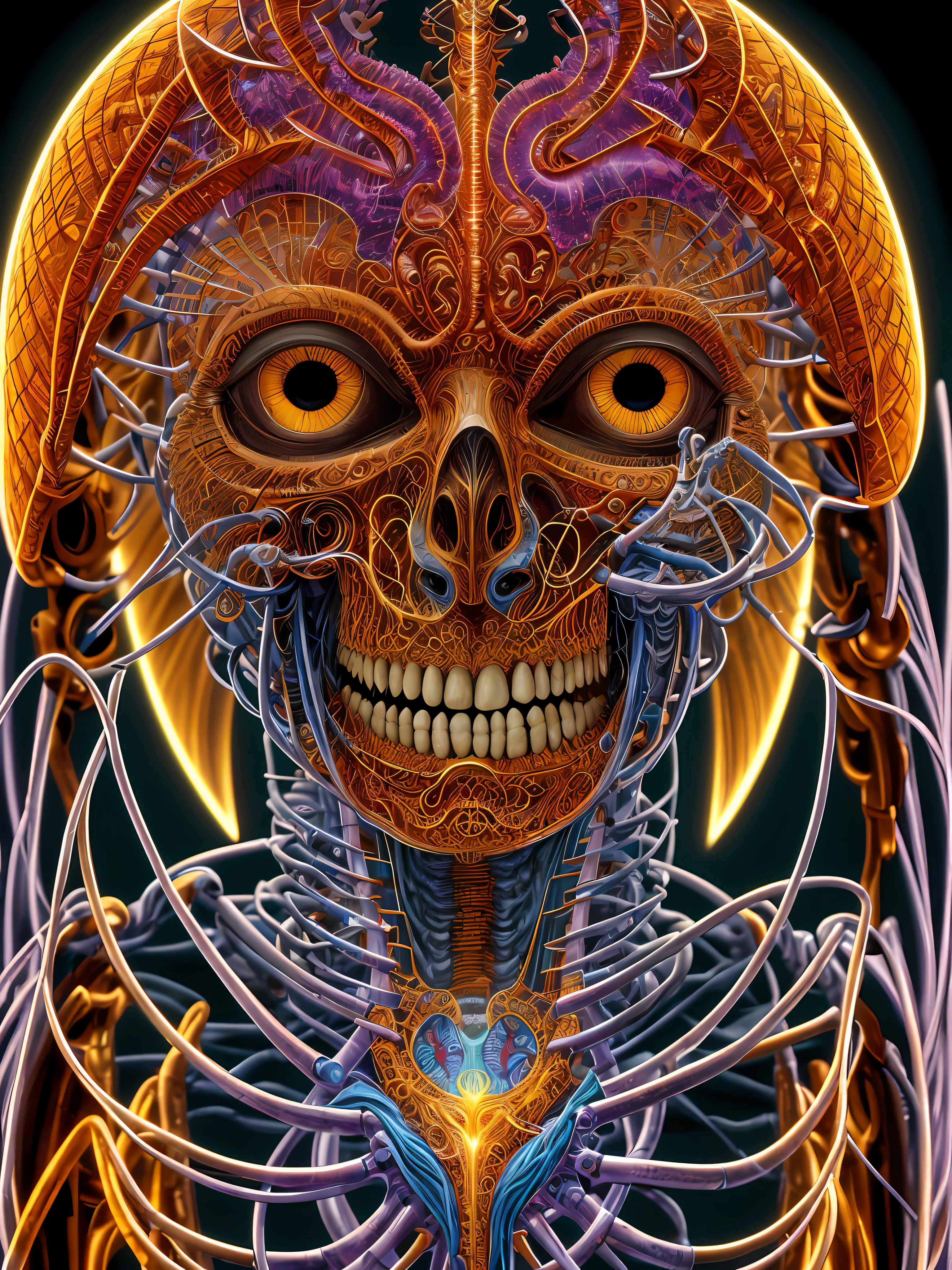 art by Alex Grey, detailed, sharp image, 8k, rim light, closeup, body horror, poster, hdr, intricate, a demigod creature