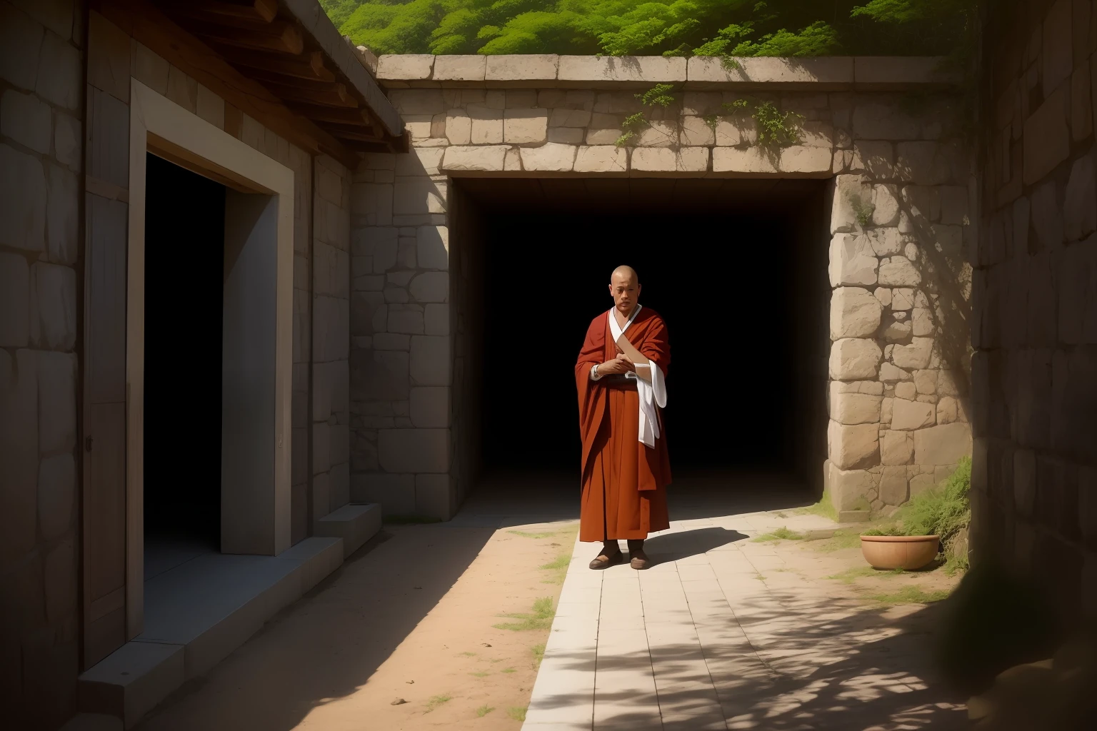A monk stands in front of a tunnel, and has a closed chest next to him, and is wearing a white robe in the temple, The temple is in the forest, foto crua, foto surreal, motor irreal 4, 8k, Super sharp, cores detalhadas, ampla cobertura de cores, detalhe de cena extremo, sombreamento, anti-aliasing, Anti-aliasing error details, foto bruta, imagem surreal, motor irreal 4, 8k, Super sharp, cores detalhadas, ampla cobertura de cores, detalhes de cena extremamente altos, sombreamento, anti-aliasing, Anti-aliasing error details, foto bruta, foto surreal, motor irreal 4.8k, Super sharp, cor detalhada, ampla cobertura de cores, detalhe de cena objeto extremamente alto, (8k, foto RAW, melhor qualidade, obra-prima: 1.2), (realista, foto-realista: 1.37), estilo modelshoot, (extremamente detalhado CG unidade 8k papel de parede), Professional Majestic Oil Painting by Ed Blinkey, Atey Ghailan, Studio Ghibli, por Jeremy Mann, Greg Manchess, Antonio Moro, trending on ArtStation, trending on CGSociety, Intricate, High Detail, Sharp focus, dramatic, photorealistic painting art by midjourney e greg rutkowski, scene detail extreme objects, shading, anti-aliasing, error detail smoothing