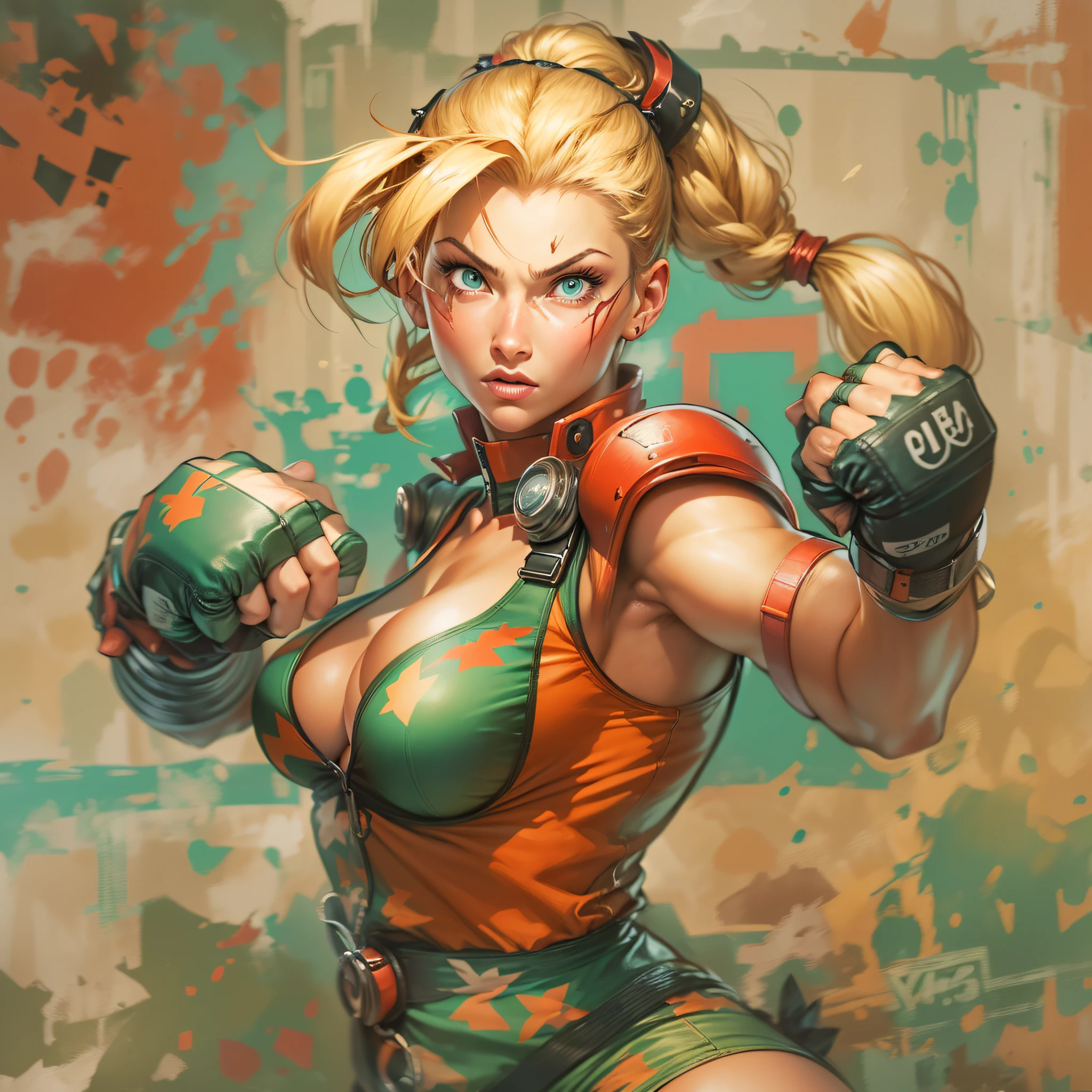 uma imagem da personagem cammy de street figther de biquini em cenario de escola de box, ao redor varios grafites com desenhos dos jogos do street figther