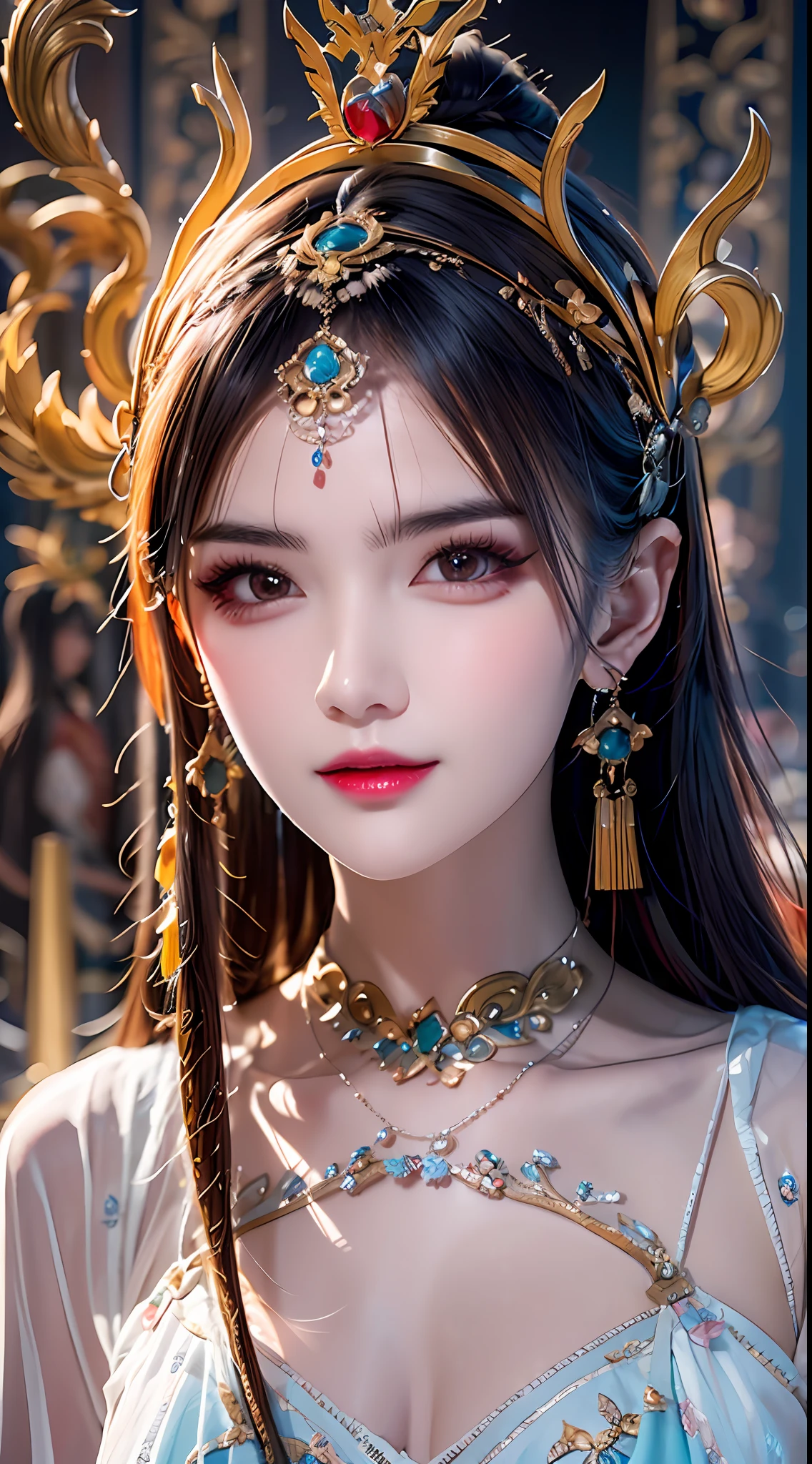 a close up of a woman wearing a crown, ancient asian dynasty princess, popular korean makeup, xianxia, beautiful fantasy portrait, beautiful render of tang dynasty, beautiful fantasy art portrait, by Lü Ji, lotus floral crown girl, ancient chinese beauties, beauty woman with detailed faces, detailed face of a asian girl, stunning anime face portrait, beautiful oriental woman