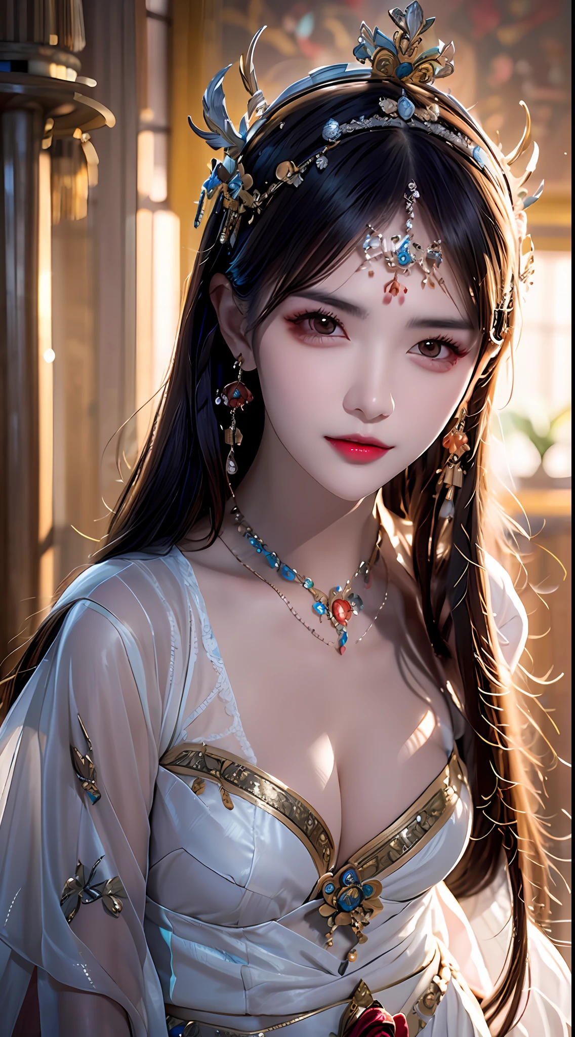 a close up of a woman wearing a crown, ancient asian dynasty princess, popular korean makeup, xianxia, beautiful fantasy portrait, beautiful render of tang dynasty, beautiful fantasy art portrait, by Lü Ji, lotus floral crown girl, ancient chinese beauties, beauty woman with detailed faces, detailed face of a asian girl, stunning anime face portrait, beautiful oriental woman