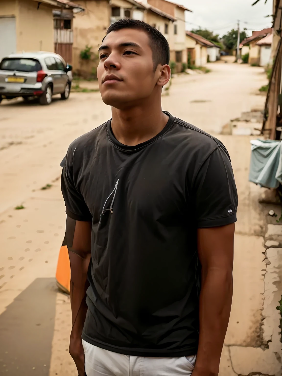 Homem parado em uma esquina em uma cidade, taken in the early 2020s, standing on a township street, em torno de 1 9 anos, standing in township street, 2 3 anos, , Foto de perfil,
