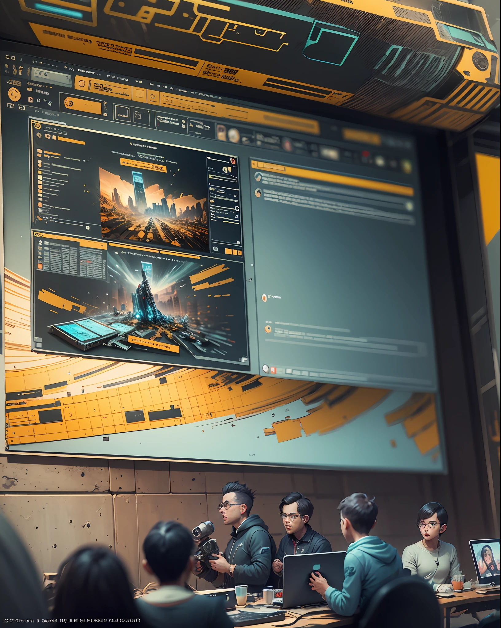 create an environment that mix media technologies, video, podcast, article, blogs, photography, a world of media hub, tech style, glithc art style --auto --s2