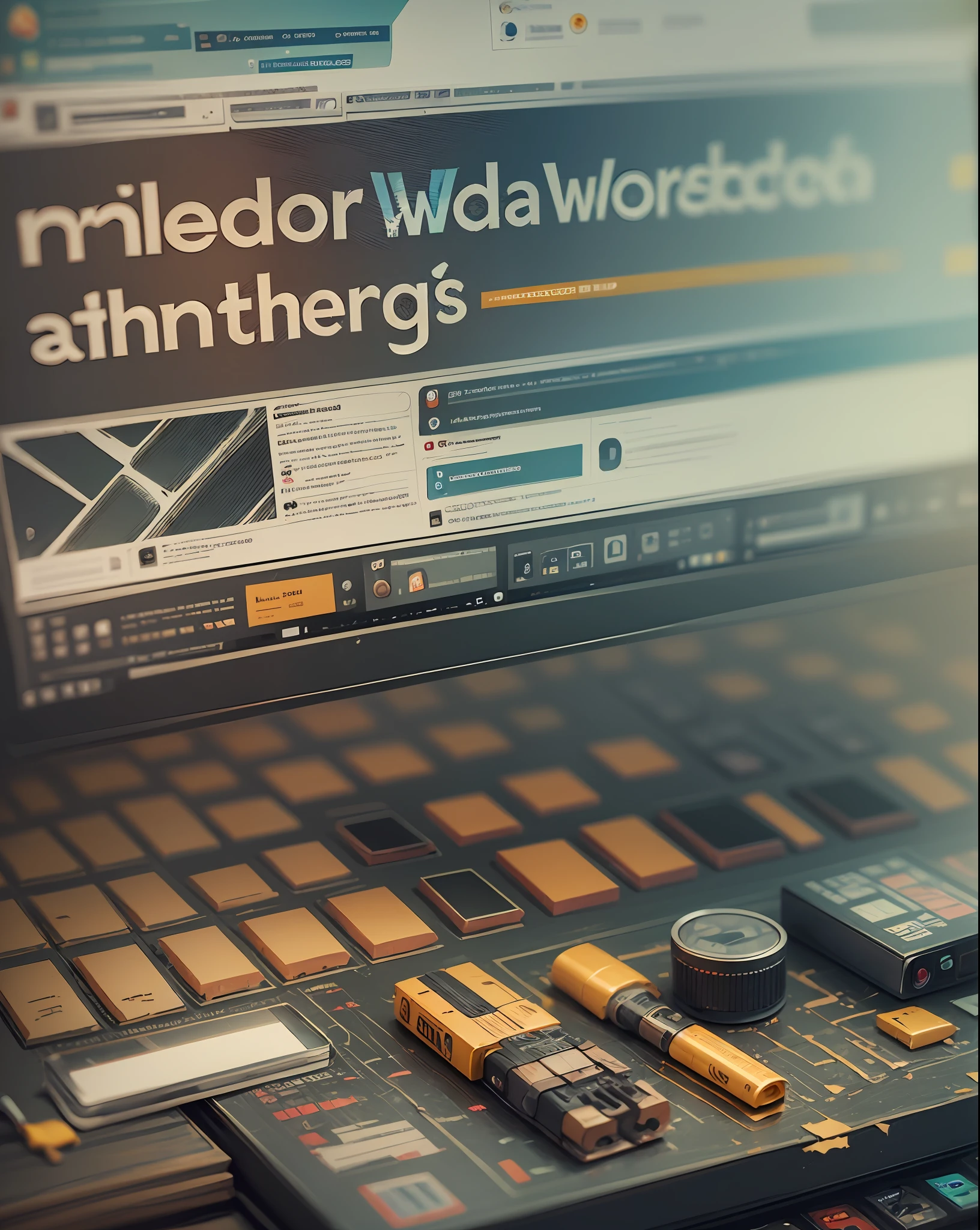 create an environment that mix media technologies, video, podcast, article, blogs, photography, a world of media hub, tech style, glithc art style --auto --s2