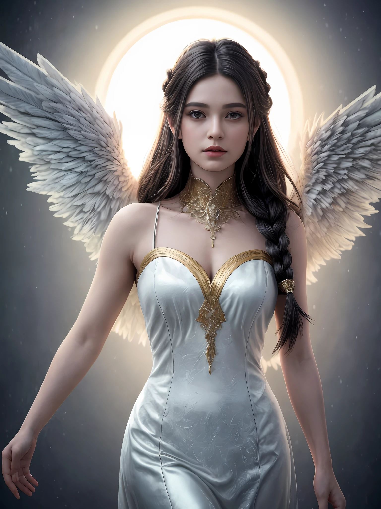 (masterpiece, best quality, photorealistic, highly detailed, octane render, unreal engine, 8k HD, hyper-detailed, realistic skin texture, best quality, ultra high res, raw photo, dramatic lighting, unreal engine, diffuse glow, dynamic pose), A female archangel with beautiful features would likely have striking, ethereal looks that would inspire awe and wonder in anyone who beheld her. She might have piercing blue or green eyes that seemed to glow with an inner light, framed by long lashes that brushed against her delicate cheekbones. Her skin might be porcelain pale, with a soft, rosy blush that highlighted her high cheekbones.
Her hair might be long and flowing, with strands of gold or silver that shimmered like starlight in the sun. It might be styled in intricate braids or loose waves that cascaded down her back, or perhaps pulled back into an elegant updo that showcased her graceful neck.
Her wings would be magnificent, with feathers as white as snow and shimmering with an otherworldly light. They might be large and imposing, giving her an aura of power and majesty, or perhaps delicate and intricate, reflecting her refined and elegant nature.
In short, a female archangel with beautiful features would be a vision of divine beauty, radiating grace, power, and wonder in all who beheld her