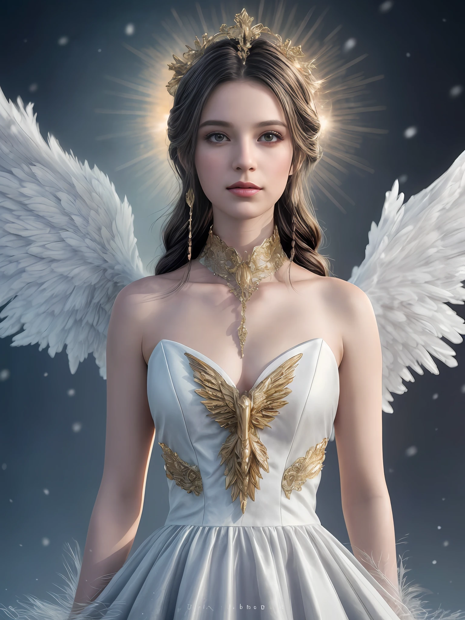 (masterpiece, best quality, photorealistic, highly detailed, octane render, unreal engine, 8k HD, hyper-detailed, realistic skin texture, best quality, ultra high res, raw photo, dramatic lighting, unreal engine, diffuse glow, dynamic pose), A female archangel with beautiful features would likely have striking, ethereal looks that would inspire awe and wonder in anyone who beheld her. She might have piercing blue or green eyes that seemed to glow with an inner light, framed by long lashes that brushed against her delicate cheekbones. Her skin might be porcelain pale, with a soft, rosy blush that highlighted her high cheekbones.
Her hair might be long and flowing, with strands of gold or silver that shimmered like starlight in the sun. It might be styled in intricate braids or loose waves that cascaded down her back, or perhaps pulled back into an elegant updo that showcased her graceful neck.
Her wings would be magnificent, with feathers as white as snow and shimmering with an otherworldly light. They might be large and imposing, giving her an aura of power and majesty, or perhaps delicate and intricate, reflecting her refined and elegant nature.
In short, a female archangel with beautiful features would be a vision of divine beauty, radiating grace, power, and wonder in all who beheld her