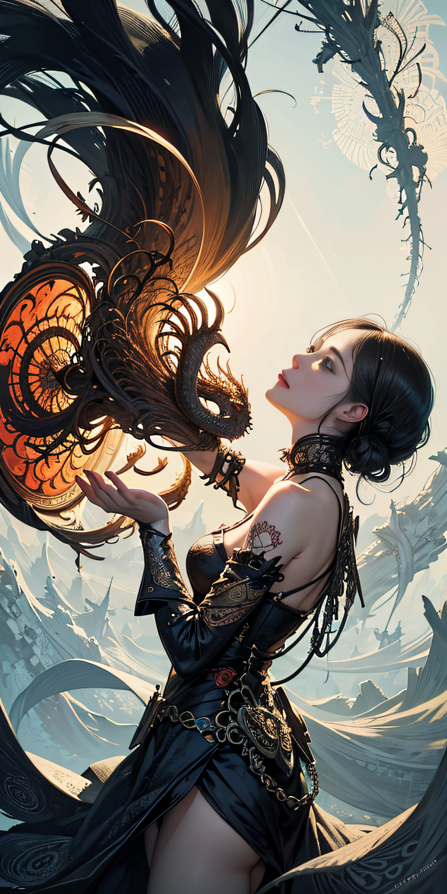 official art, unity 8k wallpaper, ultra detailed, beautiful and aesthetic, masterpiece, best quality, (zentangle, mandala, tangle, entangle), (fractal art:1.3) , 1girl, extremely detailed, dynamic angle, cowboyshot, the most beautiful form of chaos, elegant, a brutalist designed, vivid colours, romanticism, by james jean, roby dwi antono, ross tran, francis bacon, michal mraz, adrian ghenie, petra cortright, gerhard richter, takato yamamoto, ashley wood, atmospheric, ecstasy of musical notes, streaming musical notes visible