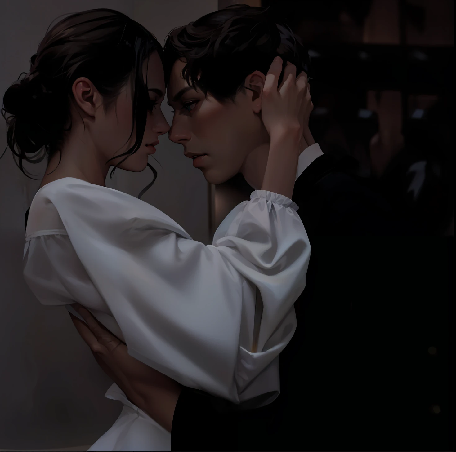 Mostra-se um homem e uma mulher, with height difference, majo, 27 anos, camisa branca, black pant, Rear head, majo, tall appearance, ponte de nariz alto, olhos grandes, Double eyelidm, alto, loiro, olhos verdes, symmetric eyes, olhando para a ,, uma mulher vestindo um vestido bonito, longos cabelos castanhos, symmetric eyes, olhos grandes, olhos negros, there is a height difference