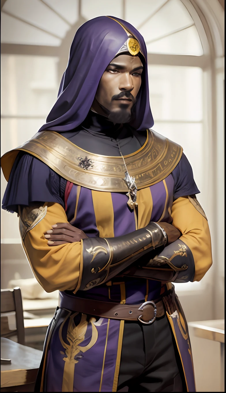 medieval, homem negro, nobre, roupas finas, diplomata, roupas de cor laranja, roxo e preto