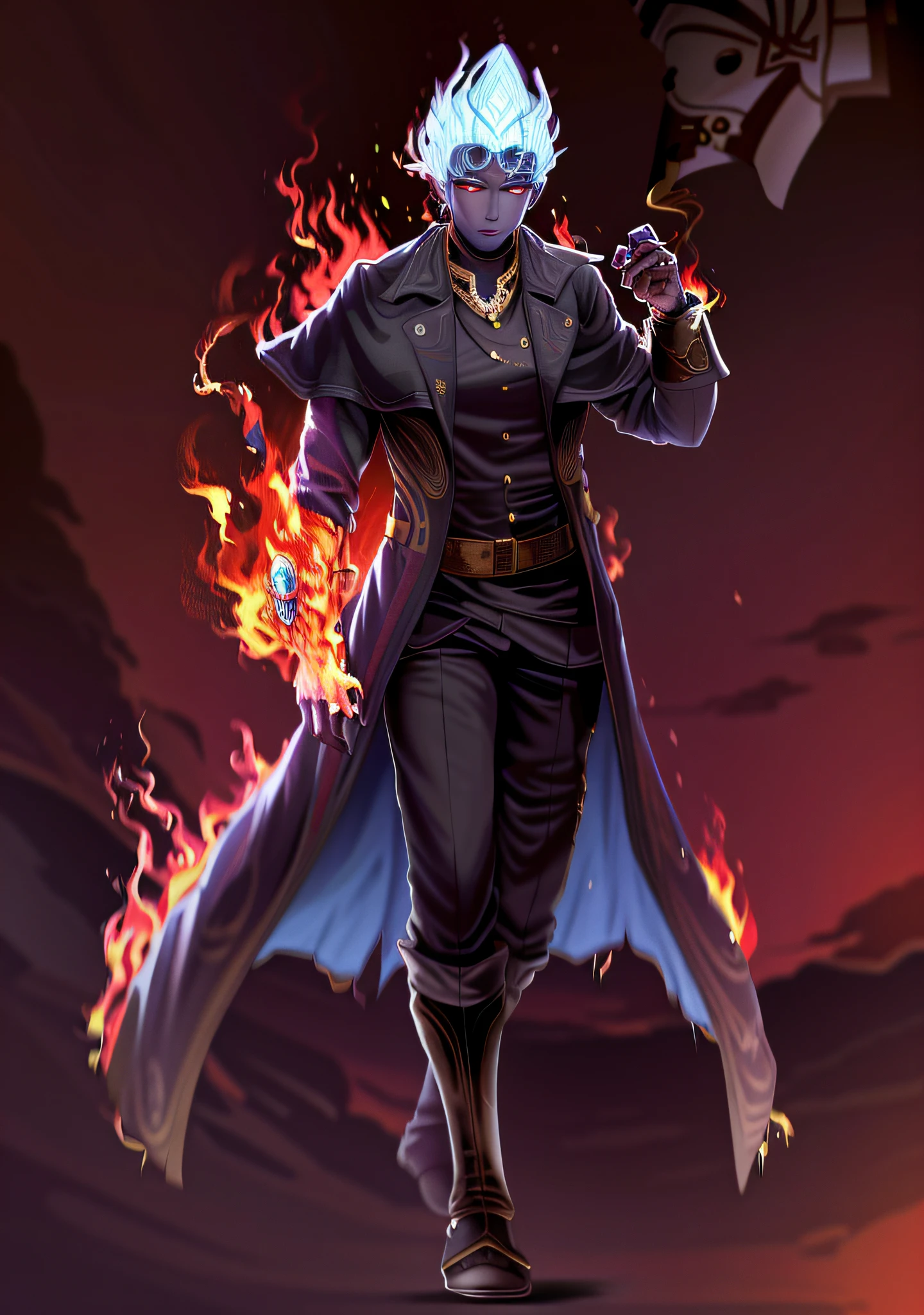 um genasi do fogo de estatura imponente, com pele de cor avermelhada e olhos brilhantes que parecem ardentes. His bearing is majestic and his voice resonates with authority. He is dressed in elegant costumes, em tons quentes e dourados, adorned with jewelry and sacred symbols