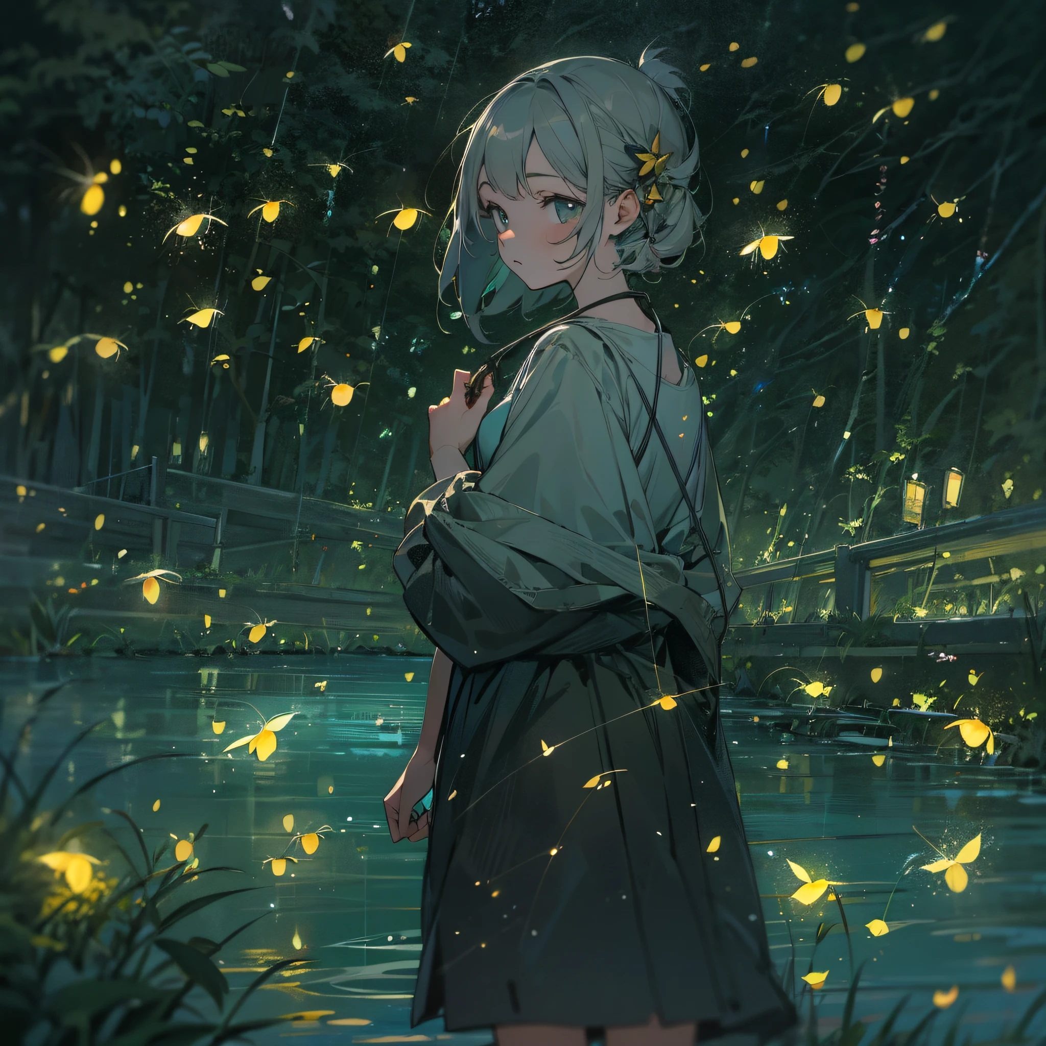 Girl strolling along the riverside road with fireflies