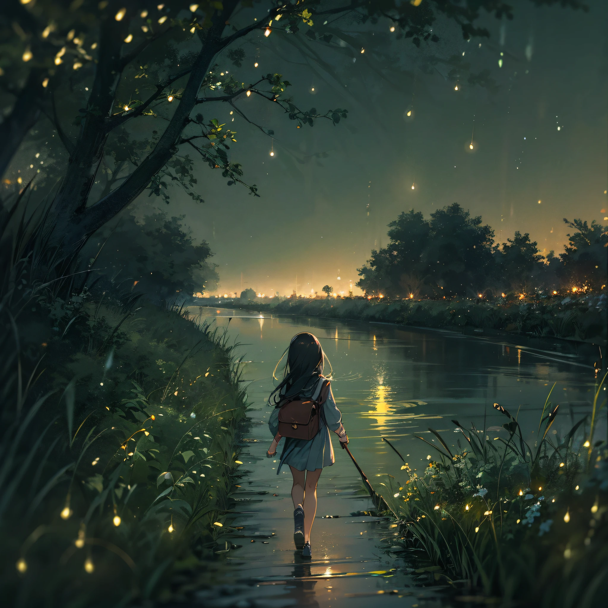 Girl strolling along the riverside road with fireflies