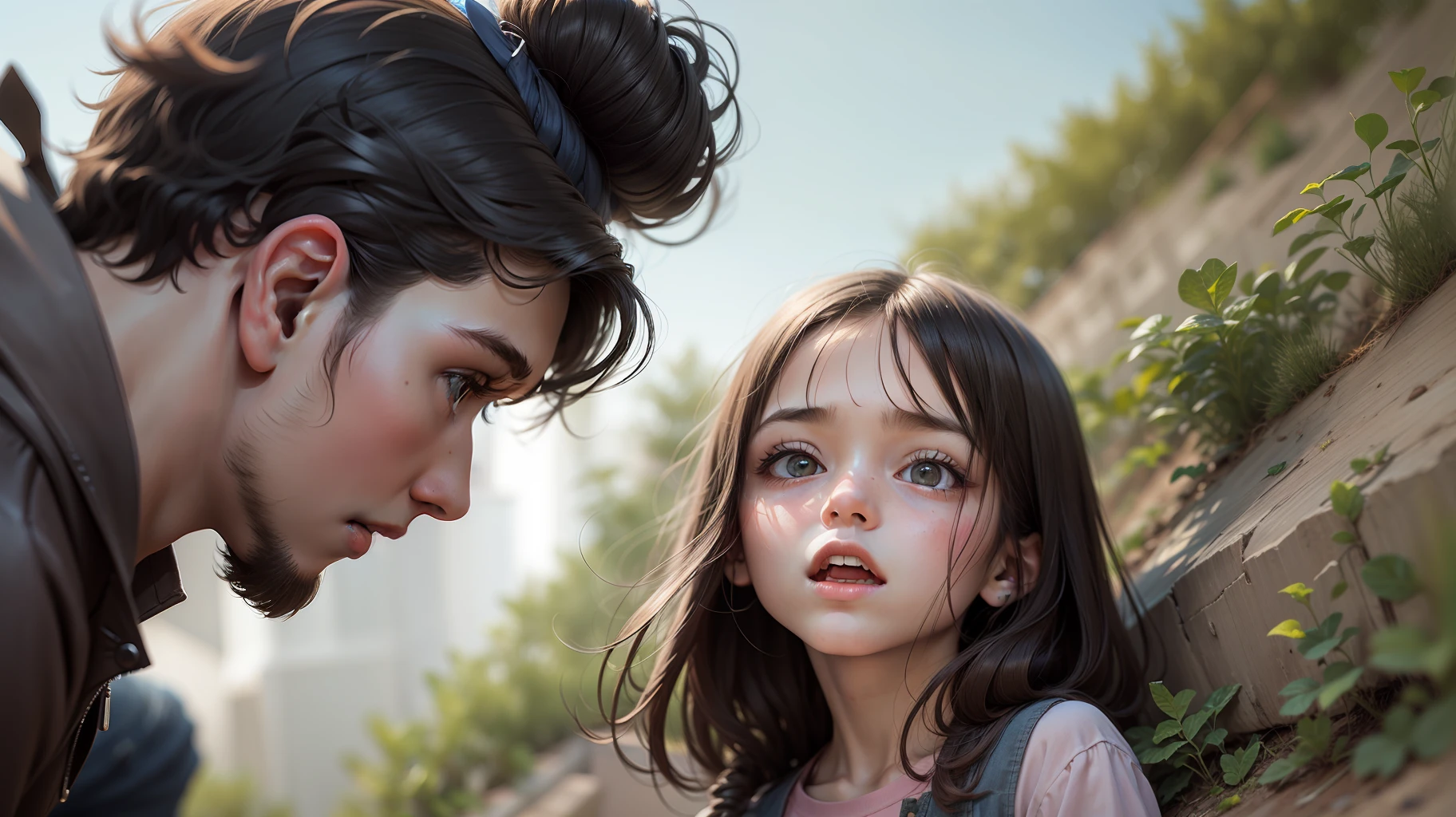 A boy saving a blind girl by standing in front of him, fear on girl face.