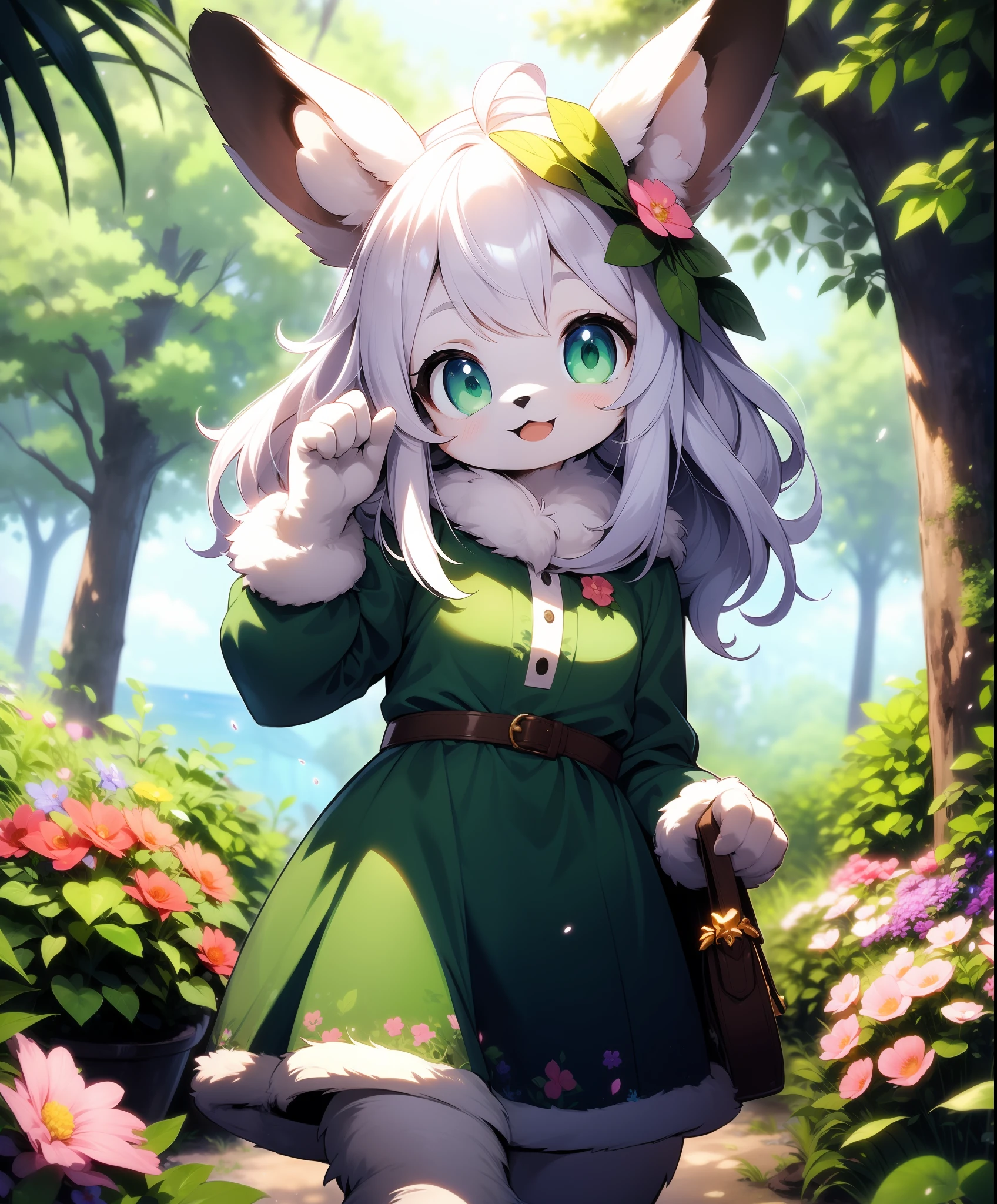 furry girl,rabbit ears,green dress,in forest, sea of flowers, cowboy shot,smile, hair ornament, looking at viewer, one hand up, head tilt