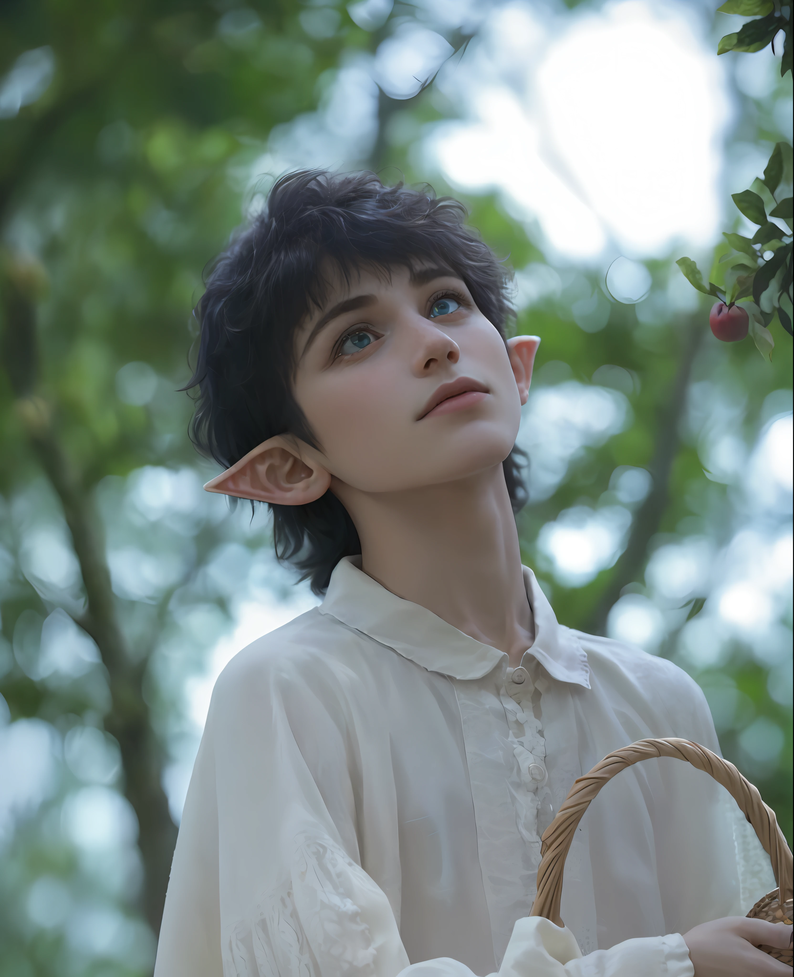 There was a little boy in the woods holding a basket of apples, portrait of an elf, fantasy movie still, portrait of a young elf wizard, young half elf wizard, There are elven ears and golden eyes, portrait of an elf, still from live action movie, ears of elf, pixie character,Starry eyes,The black hair has a dark blue glow,best qualtiy,tmasterpiece,超高分辨率