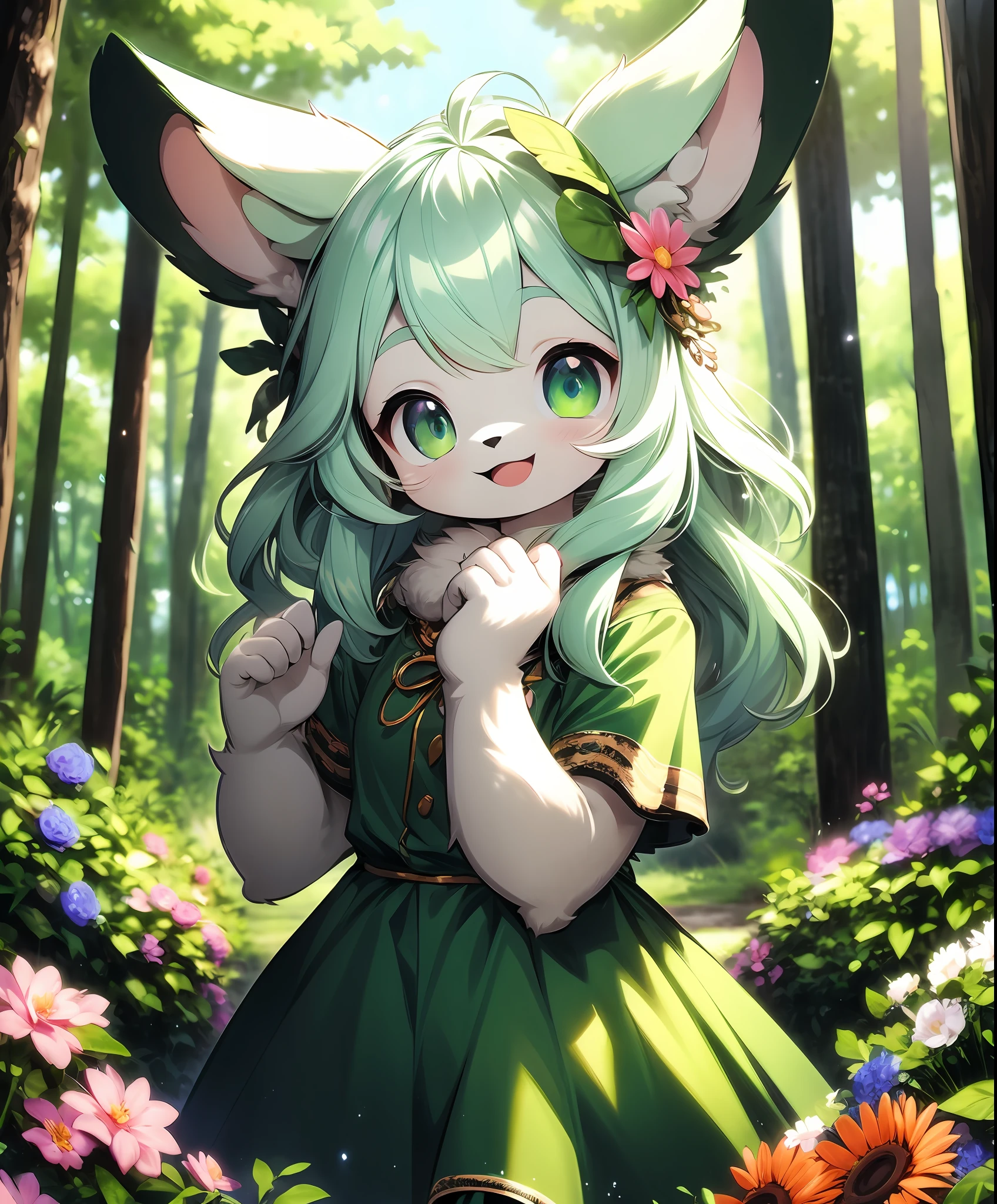 furry girl,rabbit ears,green dress,in forest, sea of flowers, cowboy shot,smile, hair ornament, looking at viewer, one hand up, head tilt