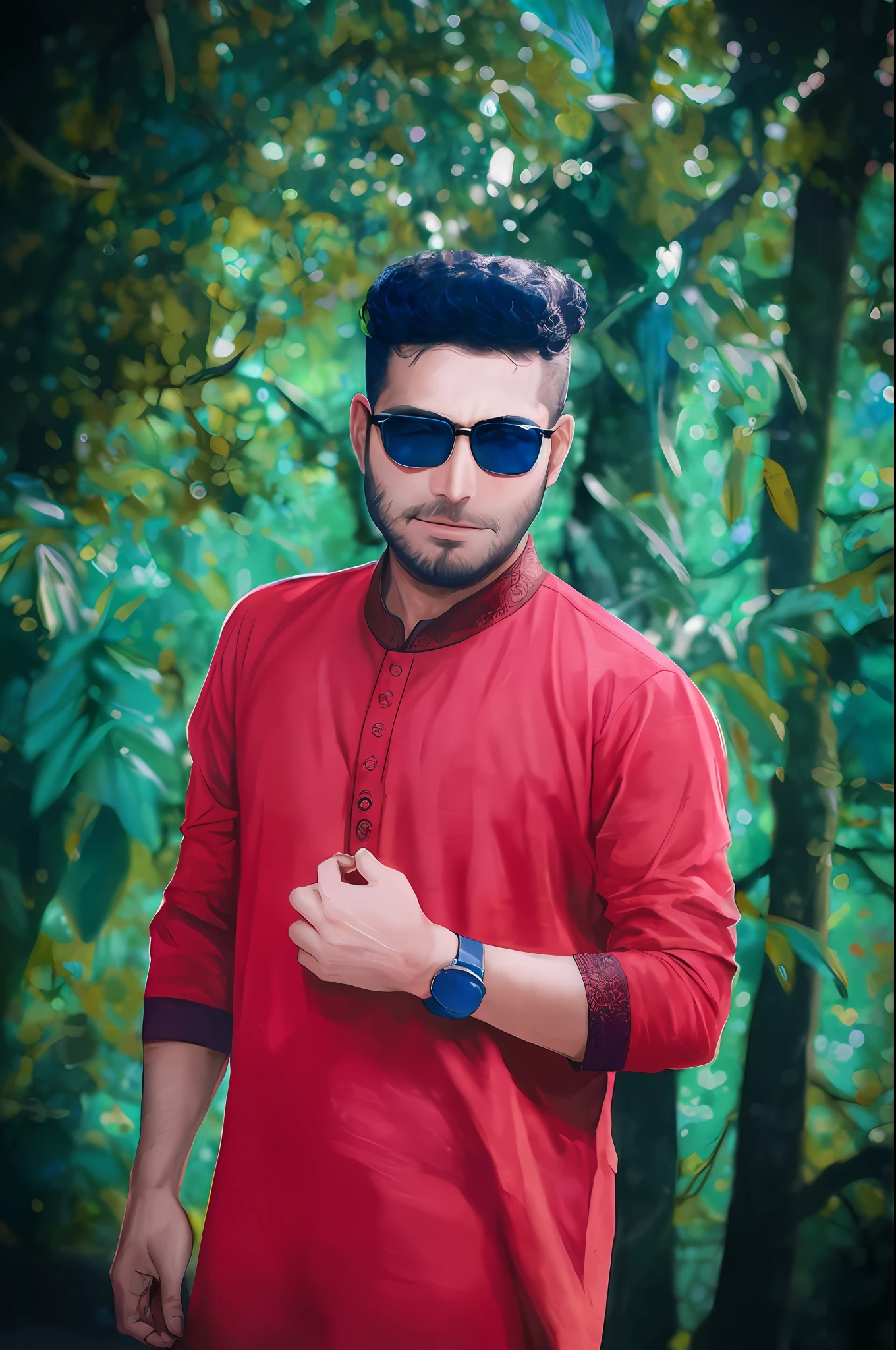 araffe man in red shirt and sunglasses standing in front of trees, assamese aesthetic, wearing a kurta, mohamed chahin style, riyahd cassiem, wearing red attire, * colour splash *, ayan nag, handsome man, mohamed chahin, assamese, facebook post, inspired by Bikash Bhattacharjee, wearing a silk kurta
