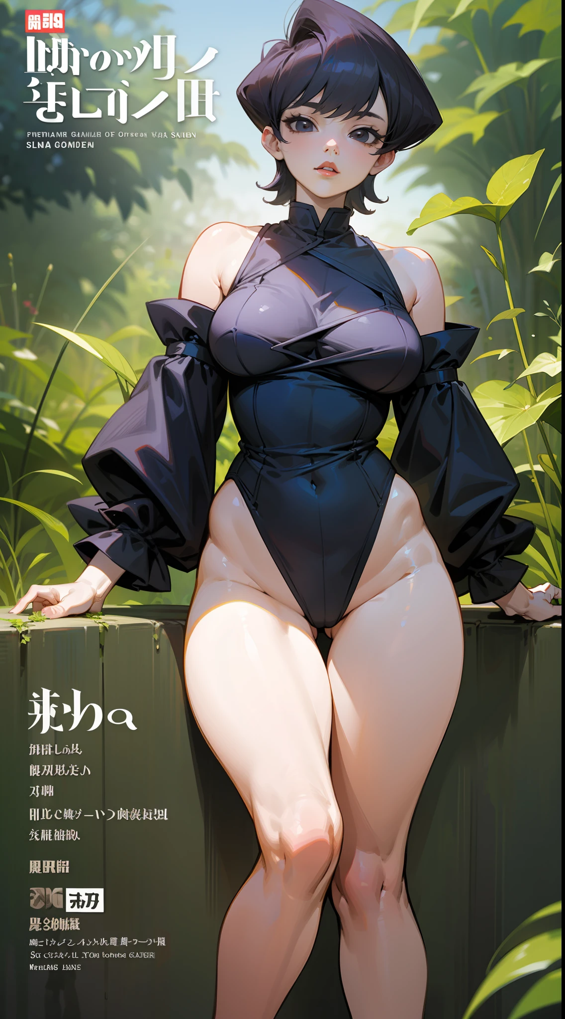 Komi Shuuko，Slim，Fleshy thighs，Masterpiece，Brilliant sunshine，trpical garden，Comic cover style，Comic title,tmasterpiece， High- sharpness， high high quality， 详细的脸， detailed body render，  Dark lips，