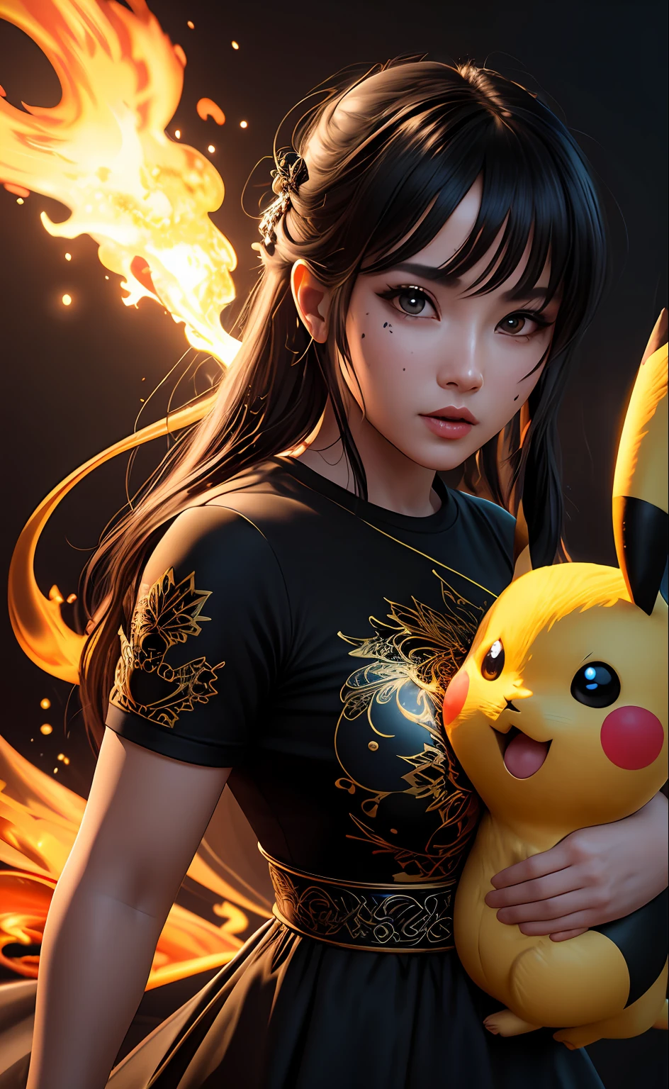 Pikachu, Hyperdetailed Eyes, Tee-Shirt Design, Line Art, Black Background, Ultra Detailed Artistic, Detailed Gorgeous Face, Natural Skin, Water Splash, Colour Splash Art, Fire and Ice, Splatter, Black Ink, Liquid Melting, Dreamy, Glowing, Glamour, Glimmer, Shadows, Oil On Canvas, Brush Strokes, Smooth, Ultra High Definition, 8k, Unreal Engine 5, Ultra Sharp Focus, Intricate Artwork Masterpiece, Ominous, Golden Ratio, Highly Detailed, Vibrant, Production Cinematic Character Render, Ultra High Quality Model