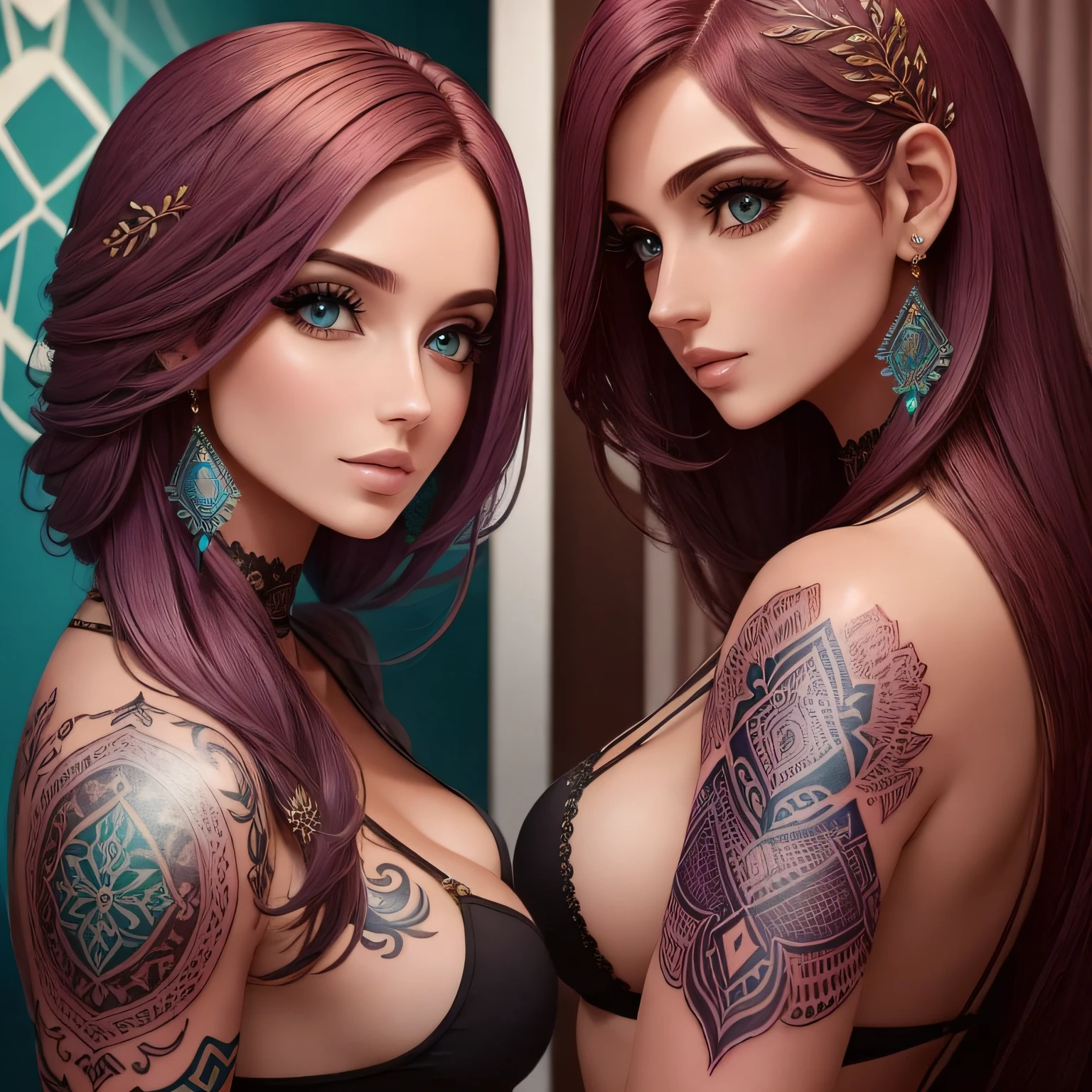 "mulher de costas com cabelos curtos e pretos, seminua com uma tatuagem intrigante, in a unique and detailed artistic style."