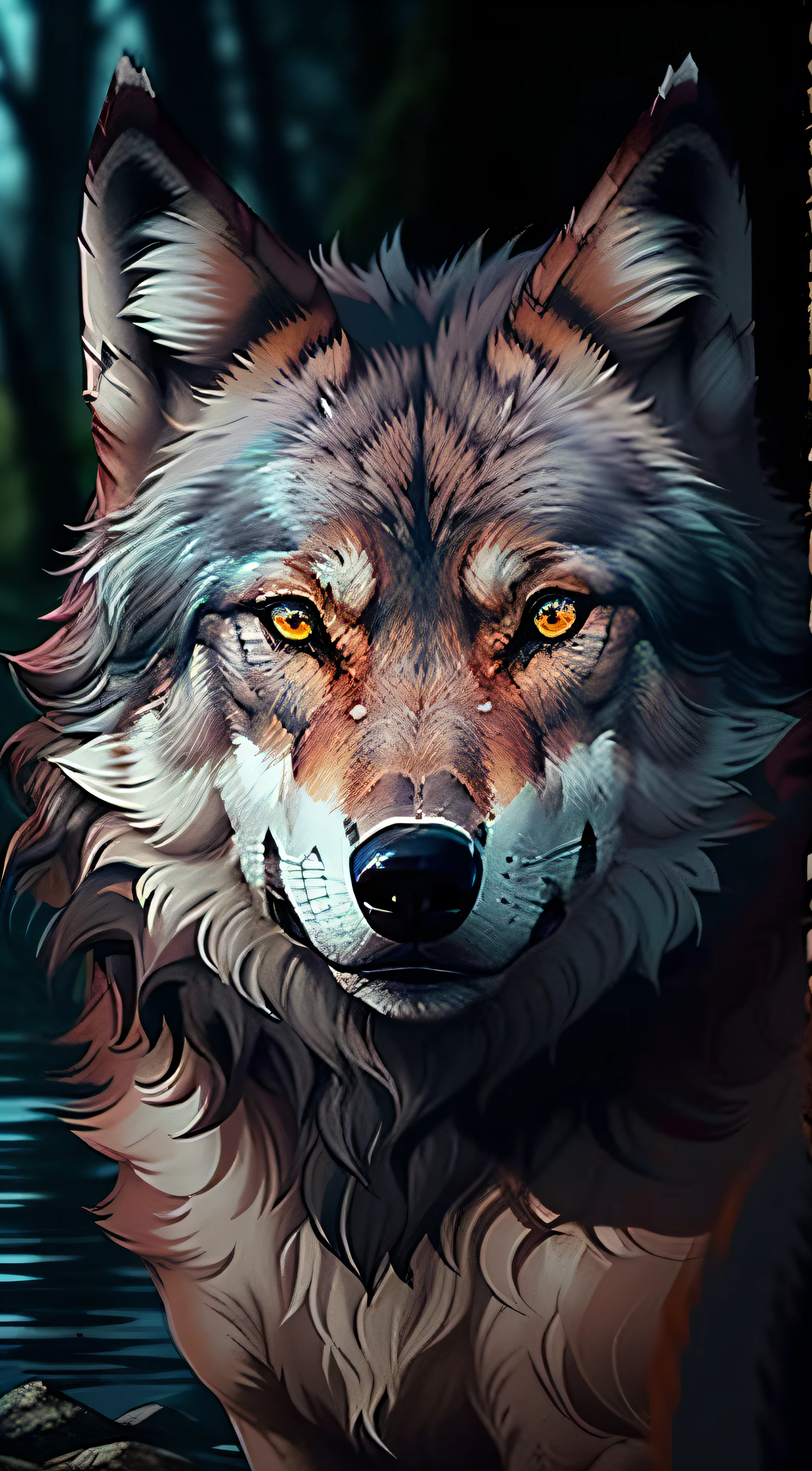 A majestic and imposing wolf finds itself in a dark and mysterious setting. His piercing gaze reflects the caution and distrust that surrounds the creature. Their erect ears indicate a keen attention, while his twinkling amber eyes examine his surroundings. The wolf maintains a confident posture, suas narinas dilatadas captam cada aroma suspeito no ar. The thick, grayish coat of the wolf is adorned with shades of dark brown and black, oferecendo-lhe camuflagem perfeita nas sombras. O vento suave faz com que alguns fios de seu pelo se movam levemente, revelando a energia contida dentro do animal. His powerful jaw remains closed, showing a sense of prudence and control, But their sharp and dangerous fangs are partially exposed, as a silent warning to any intruder. The wolf emanates a dominant presence, Ready to defend his land with bravery and cunning. Seus olhos brilham com a sabedoria ancestral que o acompanha, transmitindo uma mensagem clara: esteja avisado, pois o lobo nunca baixa a guarda diante do desconhecido.