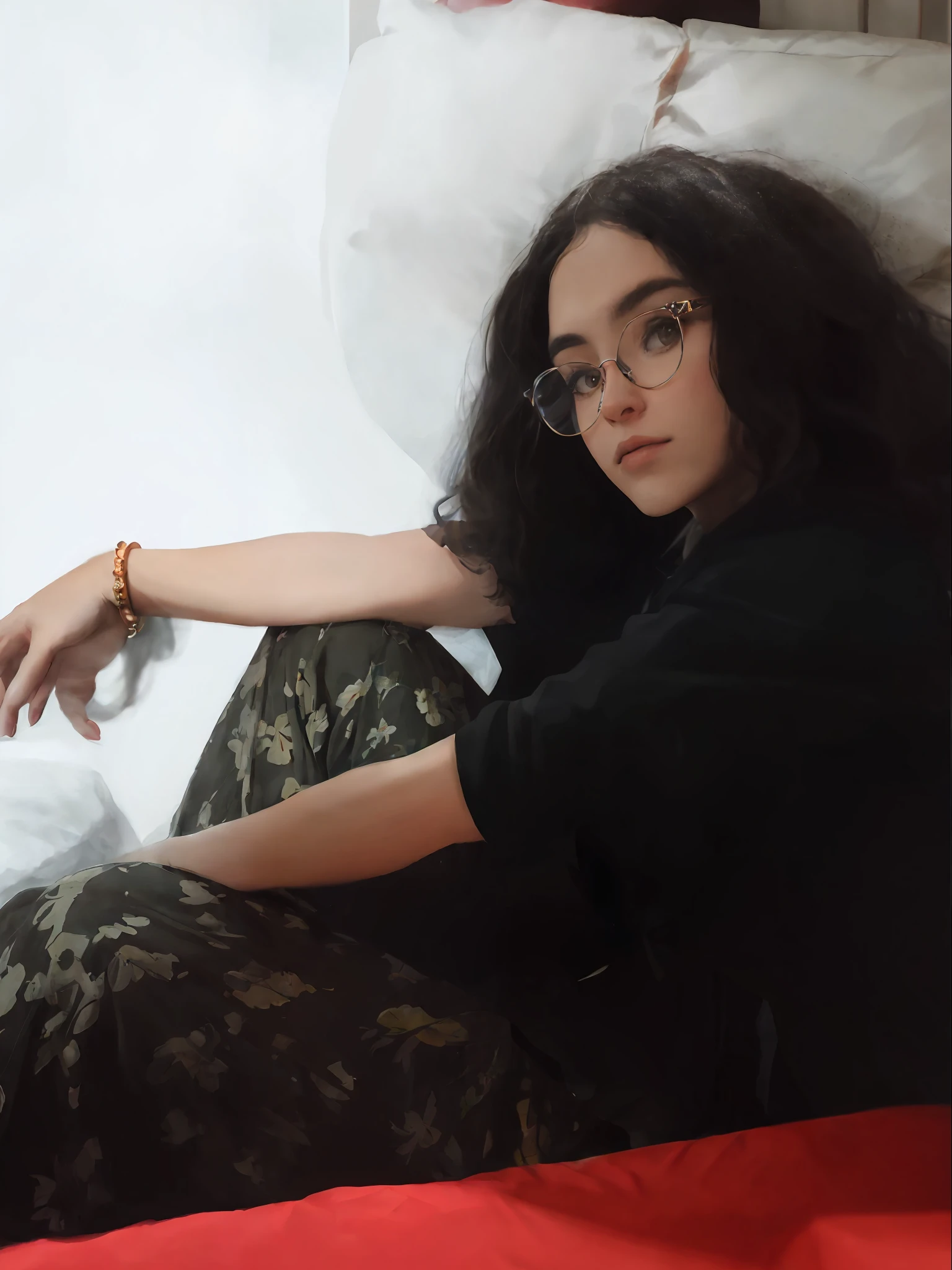 There is a woman sitting on a bed with a red pillow, Retrato no meio da foto, wavy long black hair and glasses, Foto de perfil, Pose casual, usando camuflagem, girl wearing round glasses, foto de Alta, retrato de alta qualidade, imagem de qualidade muito alta, foto da mulher jovem, taken in the early 2020s, simetrical medium shot, thick glasses,obra-prima de melhor qualidade, fotorrealista, detalhado, 8k, HDR, profundidade de campo rasa, luz ampla, alto contraste, retroiluminação, florescer, brilhos claros, chromatic aberration, foco nítido, foto colorida RAW
