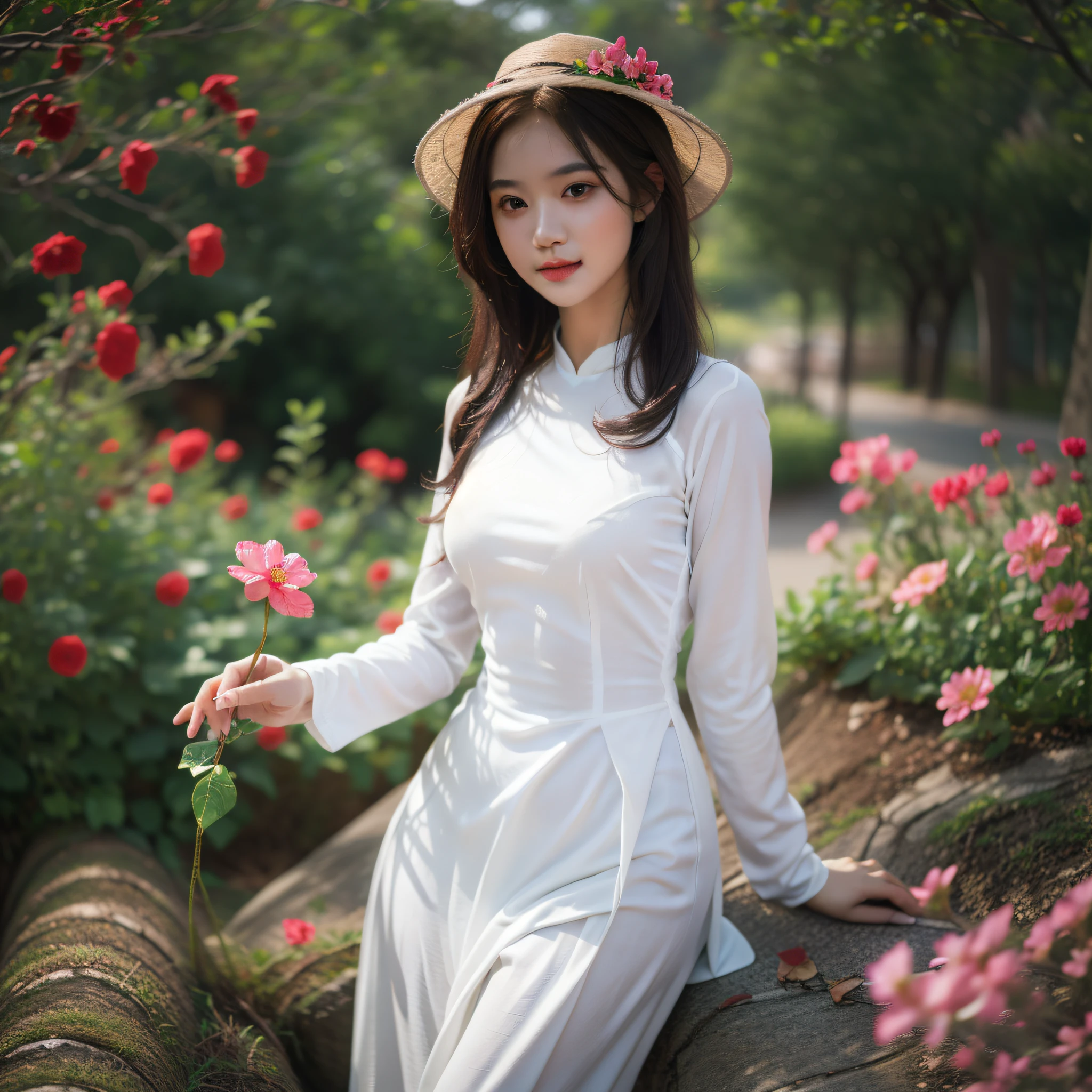 1girl, aodai white, photo art, (flower), a stunning photo with beautiful saturation, ultra high res,(realistic:1.4)),deep shadow,(best quality, masterpiece), pale skin, dimly lit, shade, flustered, blush, highly detailed, skinny, BREAK depth of field, film grain, wrinkled skin, looking at viewer, knee, warm smile, (upper body) masterpiece,ultra realistic,32k,extremely detailed CG unity 8k wallpaper, best quality