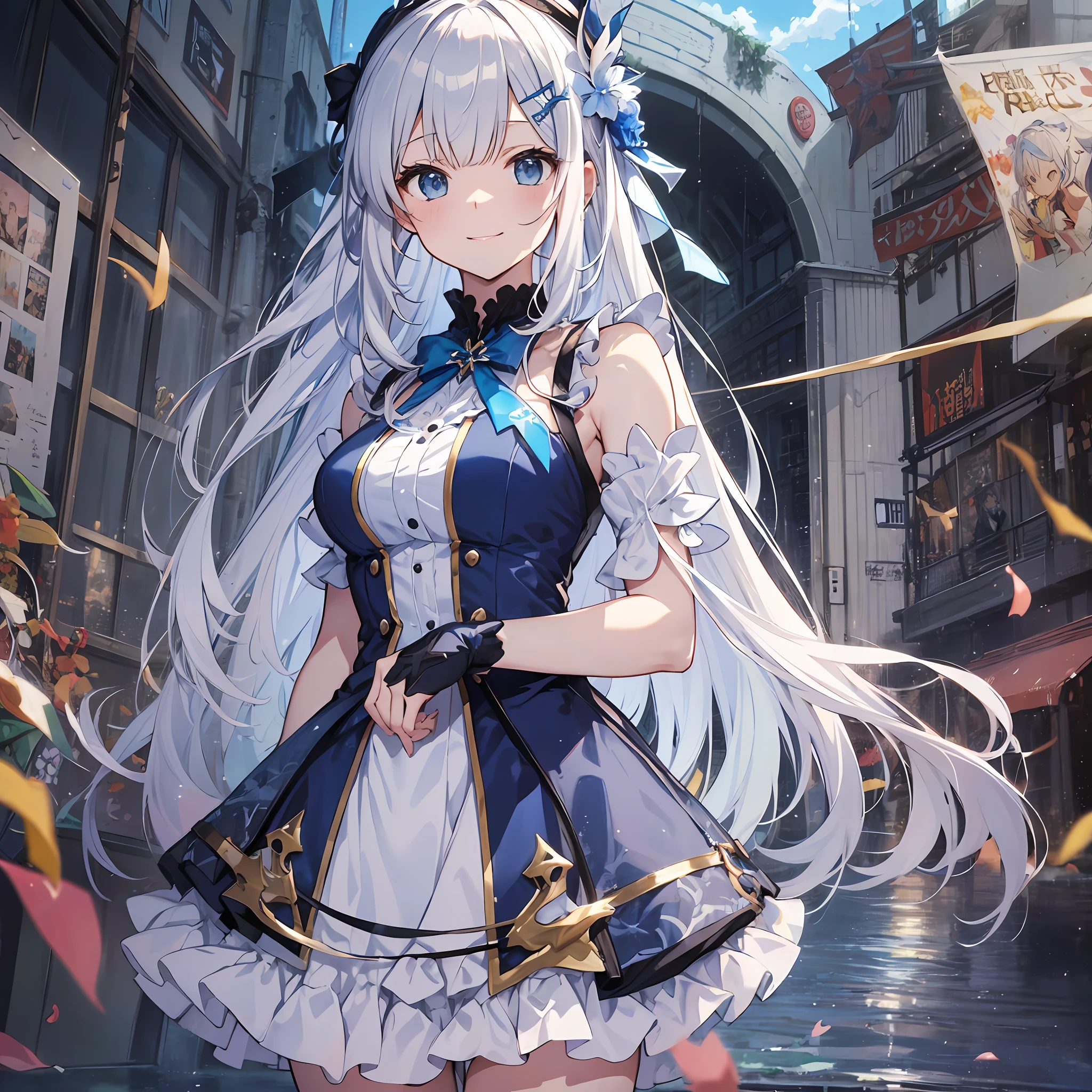 (of the highest quality、8K、masutepiece)) ((( Blue and white atelier sleeveless))) (((White hair )))++ Blue hair ornament Anime characters with long gray hair and blue eyes、anime visual of a young woman、Today's featured anime stills、white haired god、Official art、Anime visuals of cute girls、popular isekai anime、Tsuaii、Marisa Drizzle、Animated Movies、Still from the TV smile full bodyesbian during the day 夏天