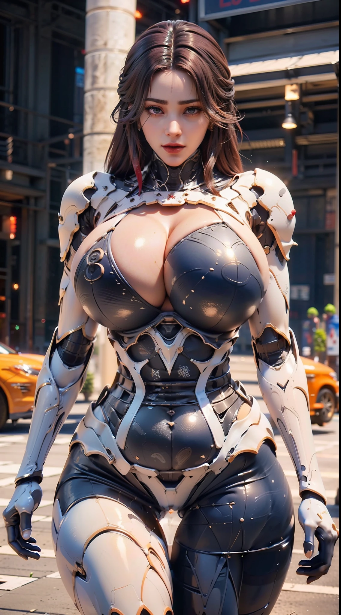 ((Unreal Engine 5)), Realistic Rendering, Excellent, Full armor, knight Cloak, helm, (Yoga hotpants), looking on camera, sexy posing walking down on street, beautiful face, makeup, CGImix, (photorealism:1.2), ultrarealistic uhd face, (huge fake boobs:1.4), (gigantic breasts:1.1), (muscle abs), (big butt), (wide hips), (thick thighs), slim waist, hourglass figure, half body, ((glowing skin)), ((shiny skin)), Realistic body, ((she is sexy body)), ((clean skin)), photorealistic, bokeh, motion blur, masterpiece, highres, 1080P, super detail, textured skin