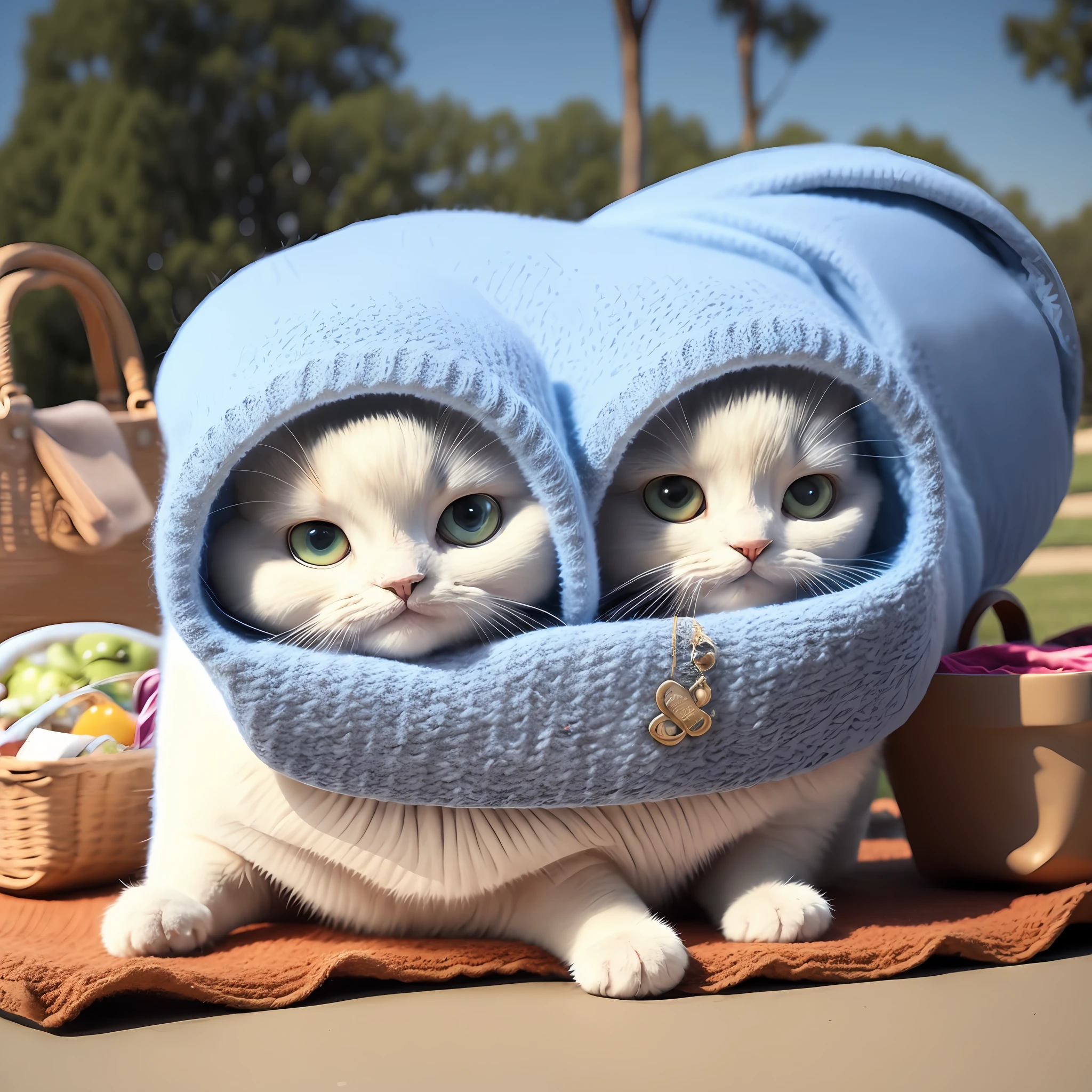 A cat in a sky blue skirt is sitting on the food mat during a picnic at the park. --auto