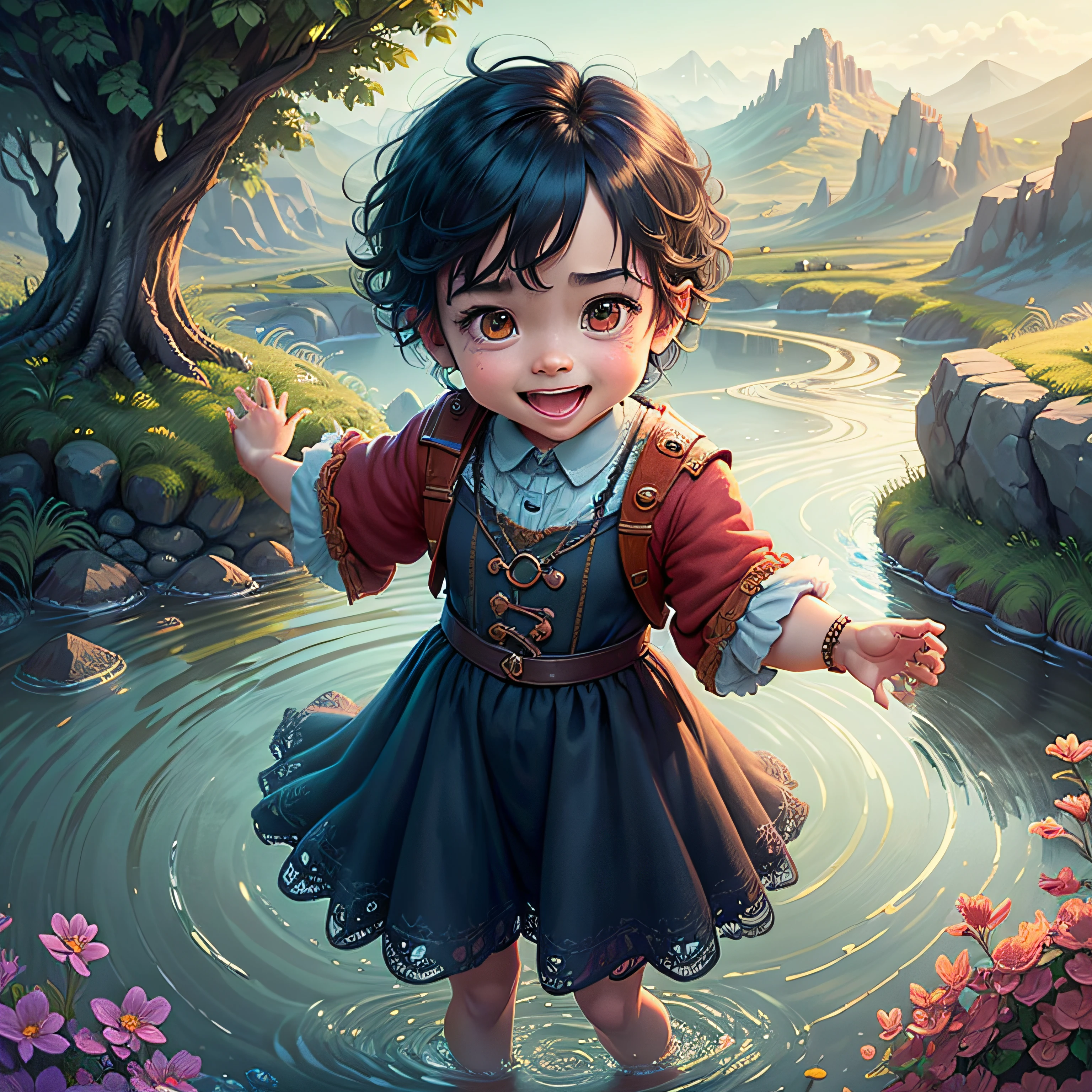 "Create images for a children's book of A Magical Adventure! Draw an enchanting scene with smiling children exploring a world of vibrant and magical colors. Include fun elements like fantastic beasts and imaginary landscapes that depict different emotions." --auto