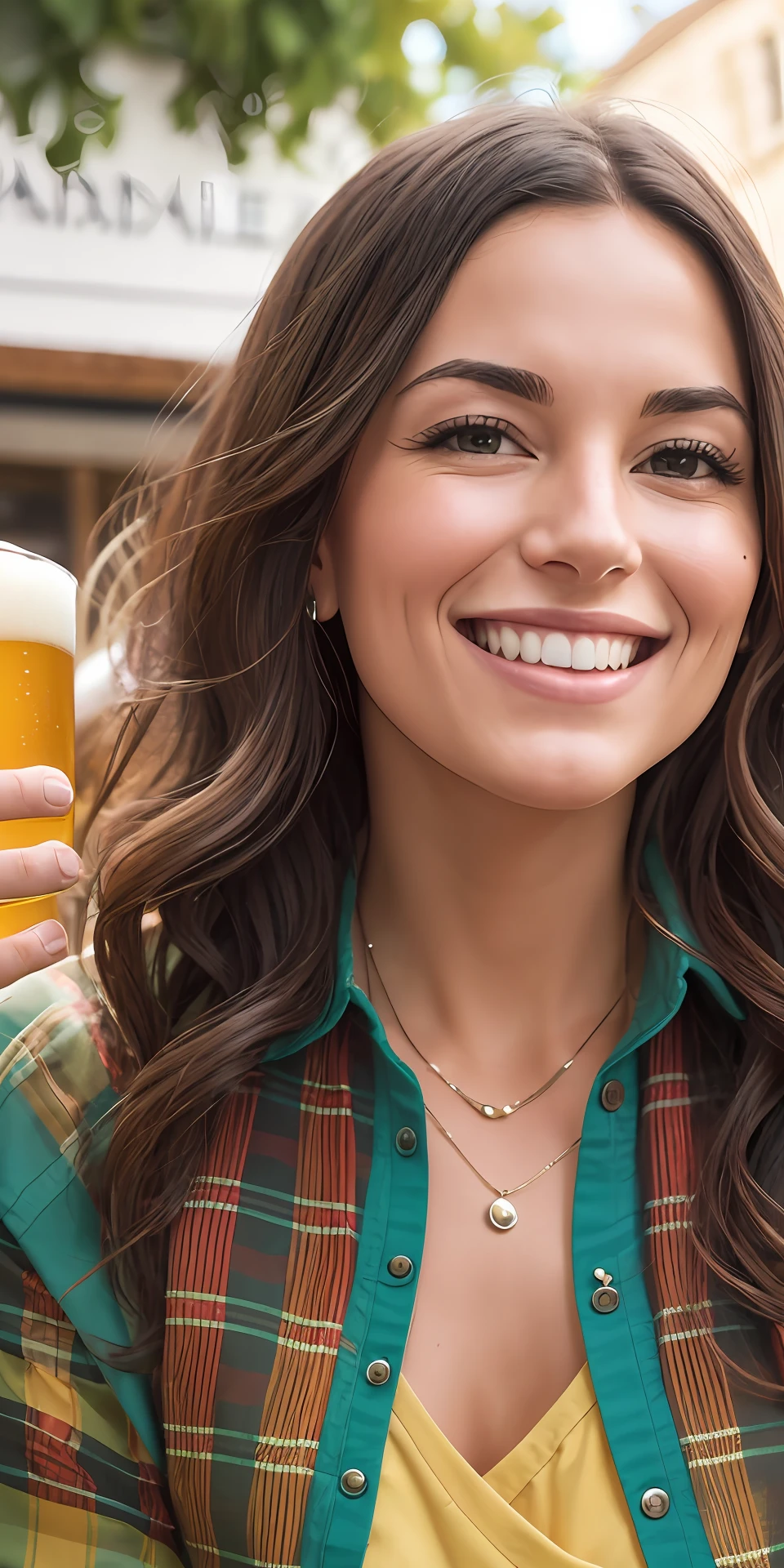 In this picturesque scene, we see a vibrant woman exuding warmth and enthusiasm as she leads an Afternoon Craft Beer and Dinner Tour in the charming town of Armidale. Standing gracefully with a backdrop of the town's scenic beauty, she wears a casual yet stylish outfit perfectly suited for the relaxed atmosphere of the tour. Her sun-kissed hair flows gently in the afternoon breeze, and her eyes sparkle with excitement as she shares her passion for craft beer and culinary delights. With Armidale's picturesque landscape in the background, the town's historic buildings and lush greenery add a touch of timeless charm to the setting. The woman's infectious smile captures the essence of the tour, promising an afternoon filled with laughter, camaraderie, and unforgettable memories. As she faces the camera, her friendly demeanor invites everyone to join in on this delightful adventure of taste and discovery. --auto --s2