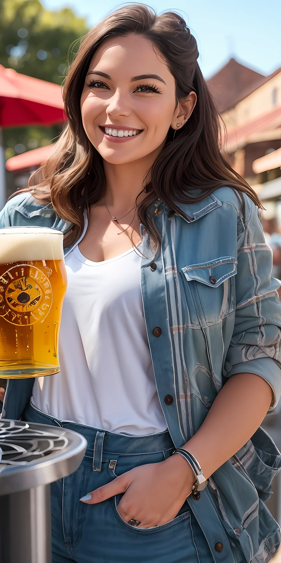 In this picturesque scene, we see a vibrant woman exuding warmth and enthusiasm as she leads an Afternoon Craft Beer and Dinner Tour in the charming town of Armidale. Standing gracefully with a backdrop of the town's scenic beauty, she wears a casual yet stylish outfit perfectly suited for the relaxed atmosphere of the tour. Her sun-kissed hair flows gently in the afternoon breeze, and her eyes sparkle with excitement as she shares her passion for craft beer and culinary delights. With Armidale's picturesque landscape in the background, the town's historic buildings and lush greenery add a touch of timeless charm to the setting. The woman's infectious smile captures the essence of the tour, promising an afternoon filled with laughter, camaraderie, and unforgettable memories. As she faces the camera, her friendly demeanor invites everyone to join in on this delightful adventure of taste and discovery. --auto --s2