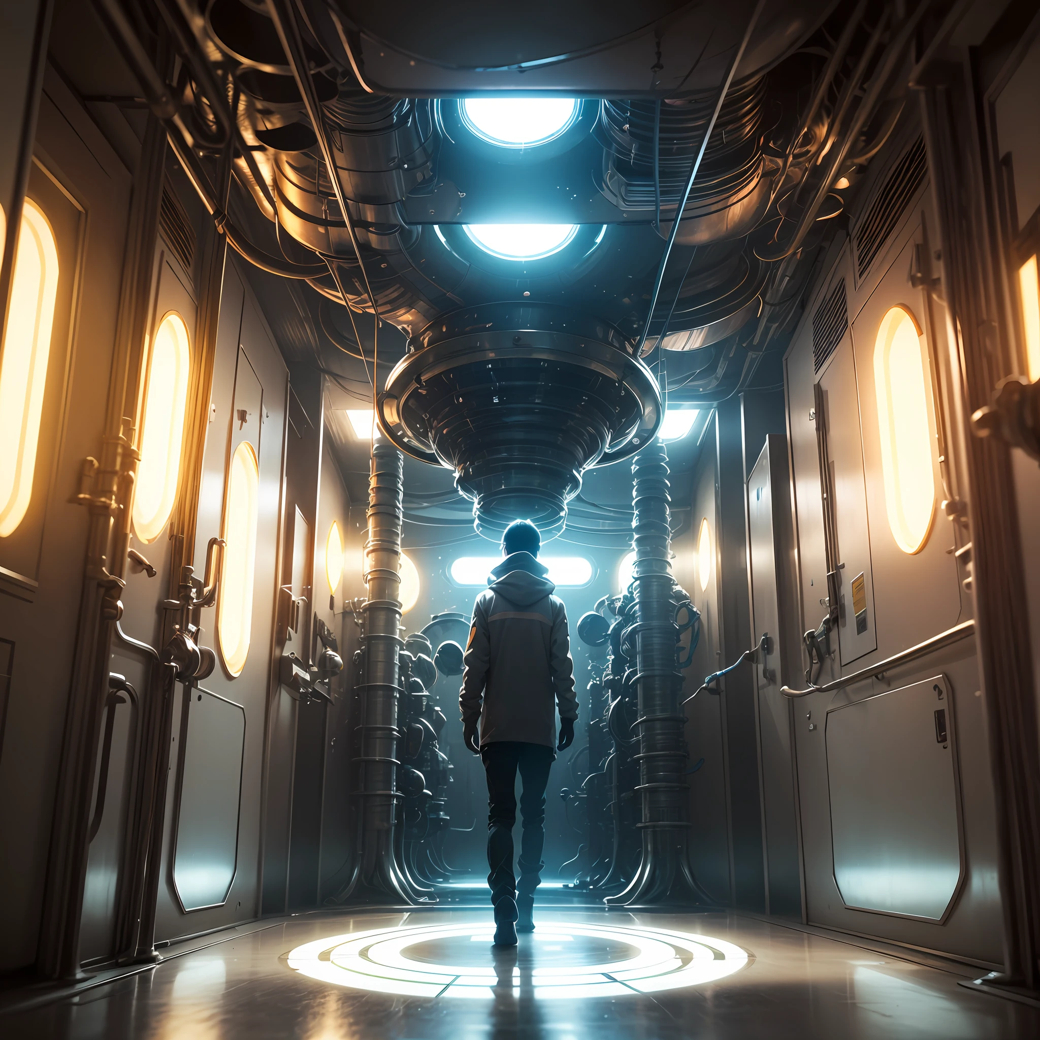 Inside an alien spacecraft, there was a laboratory that stretched across a vast chamber. The lighting was soft, emitting a bluish glow that bathed the entire area. The floor, made of an unknown material, seemed to pulse gently, as if it were a living part of the ship itself. The walls were covered with strange control panels, displaying symbols and graphics that appeared indecipherable to any human.

In the center of the laboratory, a row of shining tubes drew attention. Within them, human beings were suspended in a translucent, pulsating goo, as if they were in some sort of hibernation stage. Their faces were serene, oblivious to the strange environment around them. --auto