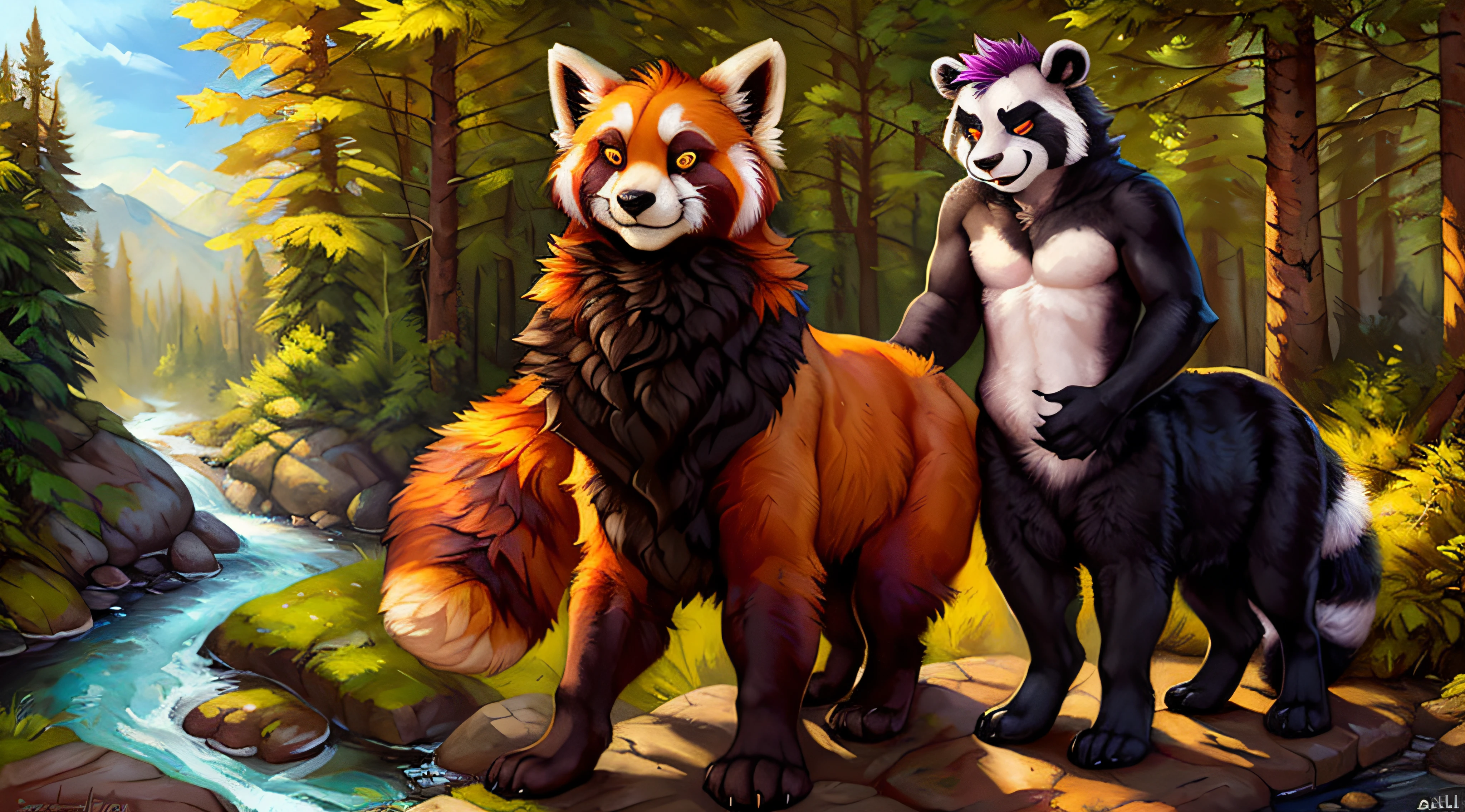 subido a e621, (por AnChee, por kenket, por yaroul, por Foxovh, por Dizzyknight, por cumbread, por sligarthtiger), ((panda rojo de ojos azules claros, detallado)), (((taur))), salvaje, ((red panda taur de frente sentado con patas abiertas)), (In the middle of a forest at noon with a river in the background), (detailed lighting), (cinematography lighting), [luz ambiental detallada], [cara y ojos detallados], [Enfoque genital], peludo, peludo fandom, Fursona, ((sombra de medio cuerpo)), [luz ambiental en el vientre], [proporciones realistas], [explicit content], [foco nítido], (contenido cuestionable), (sombreado), ((obra maestra))