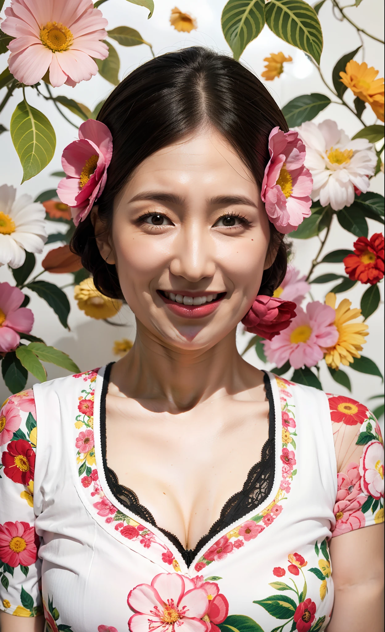 (flat-colors:0.9),(colourfull:1.1),(​masterpiece:1,2), top-quality, ​masterpiece, hight resolution, Original, (flat-colors:0.9),(colourfull:1.1),(​masterpiece:1,2), top-quality, ​masterpiece, hight resolution, Original, highly detailed wallpaper, Viewer's Perspective,Solo,portlate, (A MILF)、65 years old、Mature Woman Body Set、Exposing breasts、showing teeth、Detailed tongue、Detailed mouth、Staring at this、Wrinkles at the corners of the eyes、Floral background、undergarment、(Mature)｛dashed eyes｝、