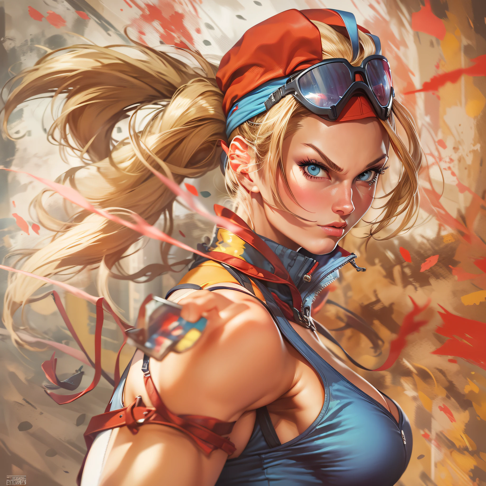 uma imagem da personagem cammy de street figther de biquini em cenario de escola de box, ao redor varios grafites com desenhos dos jogos do street figther