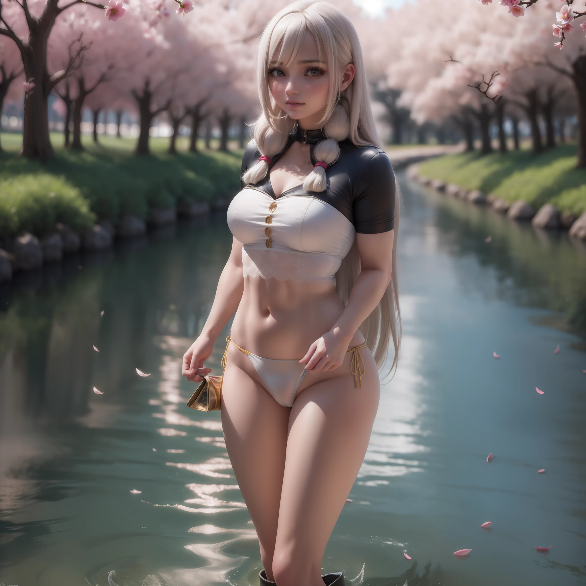 a 20-year-old girl surrounded by cherry trees, flor de cerezo, caliente con sol brillante,
cuerpo completo,
luz del sol,
cinematiclight,
desde abajo,
(((long hair))),
hair (smooth flat),
horsetail hair,
Gargantilla,
pechos gigantescos:1.2,
disparo de cuerpo completo,
(8k, foto RAW: 1.2), (HDR: 1.2), (enfoque superficial: 1.4), (foco nítido: 1.4),
sin sujetador,
vestido, plateado,
(dedo del pie de camello, Cameltoe, en forma de,
(mascara),
pies sumergidos en el rio,
(botas largas, tacones altos),
(obra maestra, mejor calidad), sthe highest qualit, cinematiclight, 4k