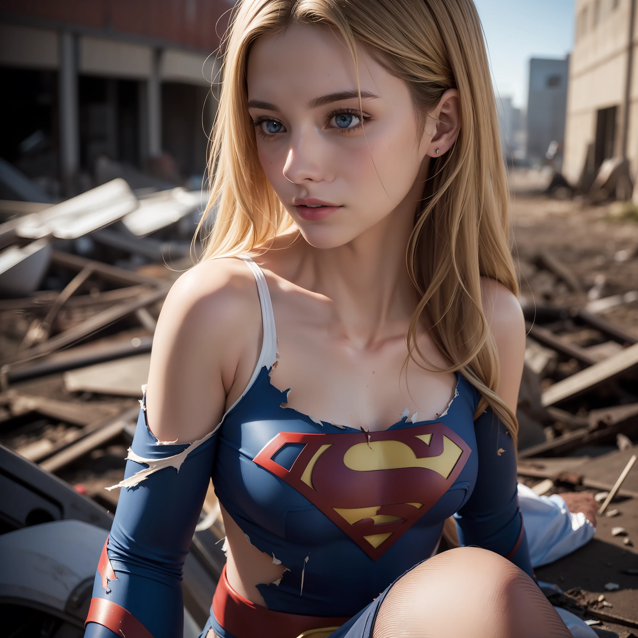 Melissa Benoist, 8k, best quality, real image, intricate details, ultra-detailed, ultra highres, depth field, (photorealistic, realistic: 1.2), masterpiece, photo of 1girl, supergirl, wounded, superhero, lying, back, realistic, super suit torn, (dirty, bruised, blood: 1.3), blue eyes, blonde hair, lips, long hair, solo, (revealing torn clothes, torn clothes: 1.3), ruined city background, best quality,  realistic, photorealistic, (intricate details: 1.2), (delicate detailed), (cinematic light), clear line, sharp focus, realistic face, detailed face and beautiful blue eyes,