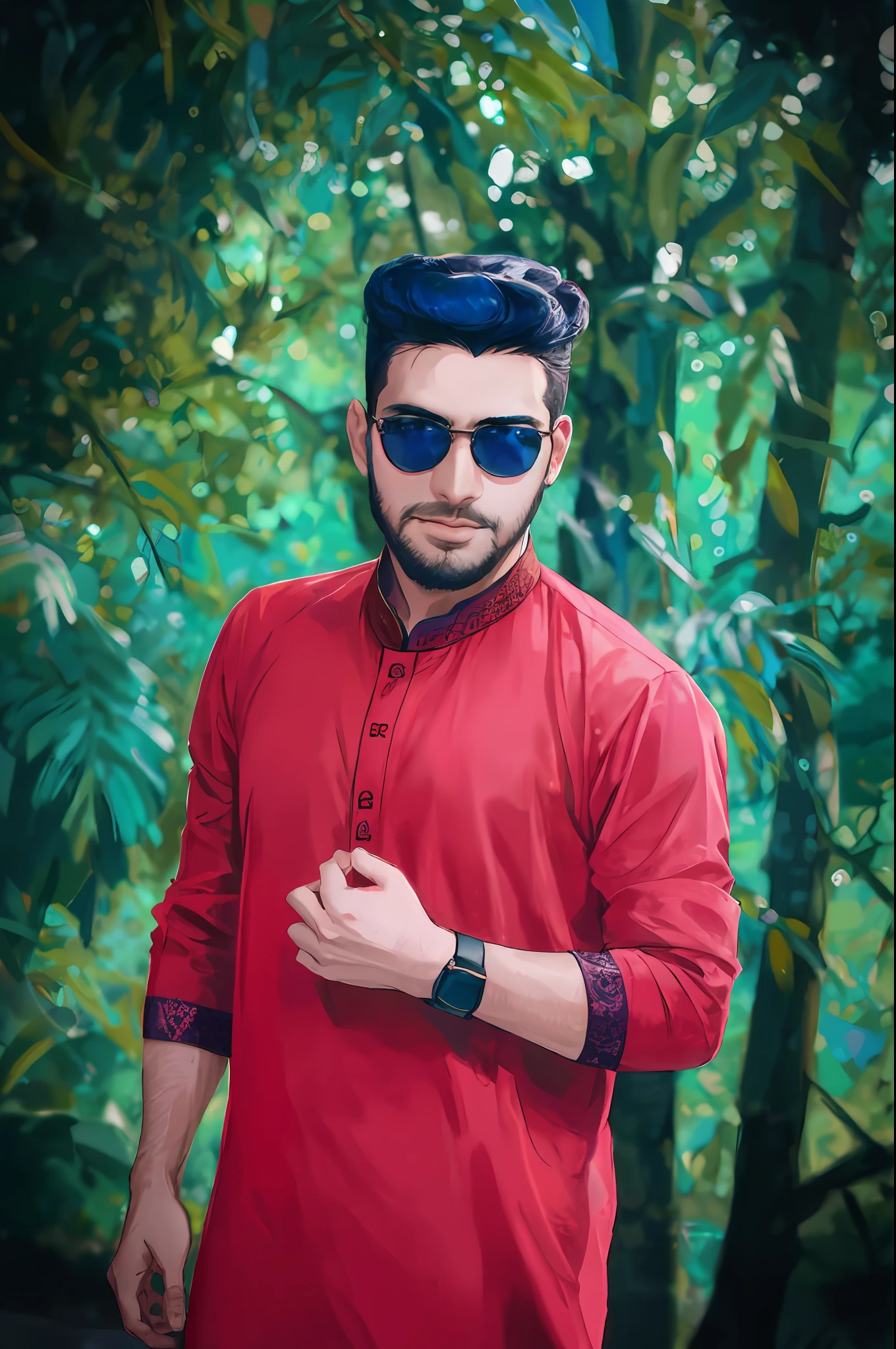 araffe man in red shirt and sunglasses standing in front of trees, assamese aesthetic, wearing a kurta, mohamed chahin style, riyahd cassiem, wearing red attire, * colour splash *, ayan nag, handsome man, mohamed chahin, assamese, facebook post, inspired by Bikash Bhattacharjee, wearing a silk kurta